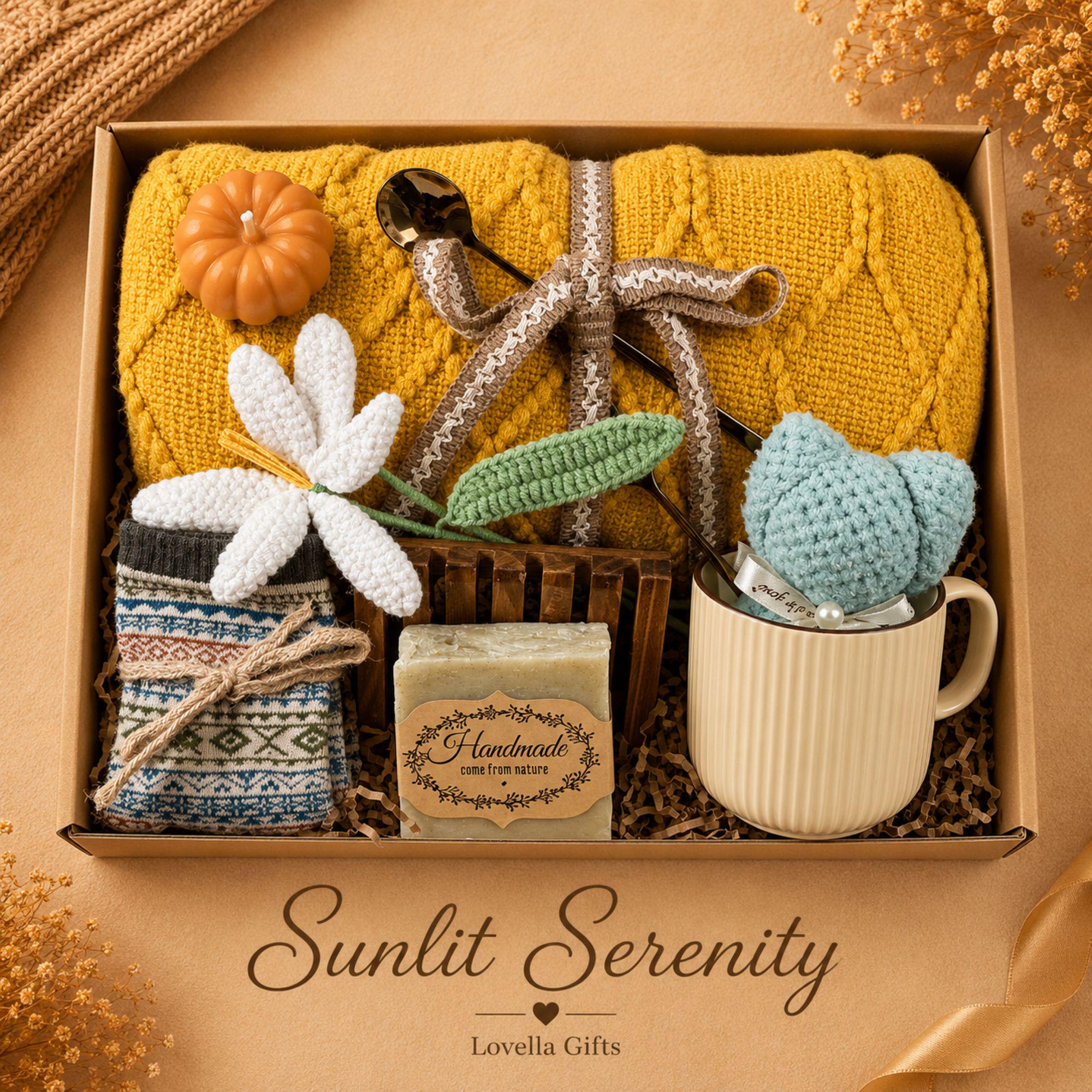 Thanksgiving gift box for women featuring a cozy knit blanket, handmade pumpkin soy candle, ceramic mug, artisan soap, decorative glass match bottle, plush teddy bear and cozy autumn socks in boutique gift packaging. Thanksgiving hostess gift basket perfect for hostess appreciation, thank you gifts, fall care packages, cozy blanket gifts, autumn self care, holiday gatherings, and seasonal gifts for mom, grandma, sister, friend, teacher or coworker.
