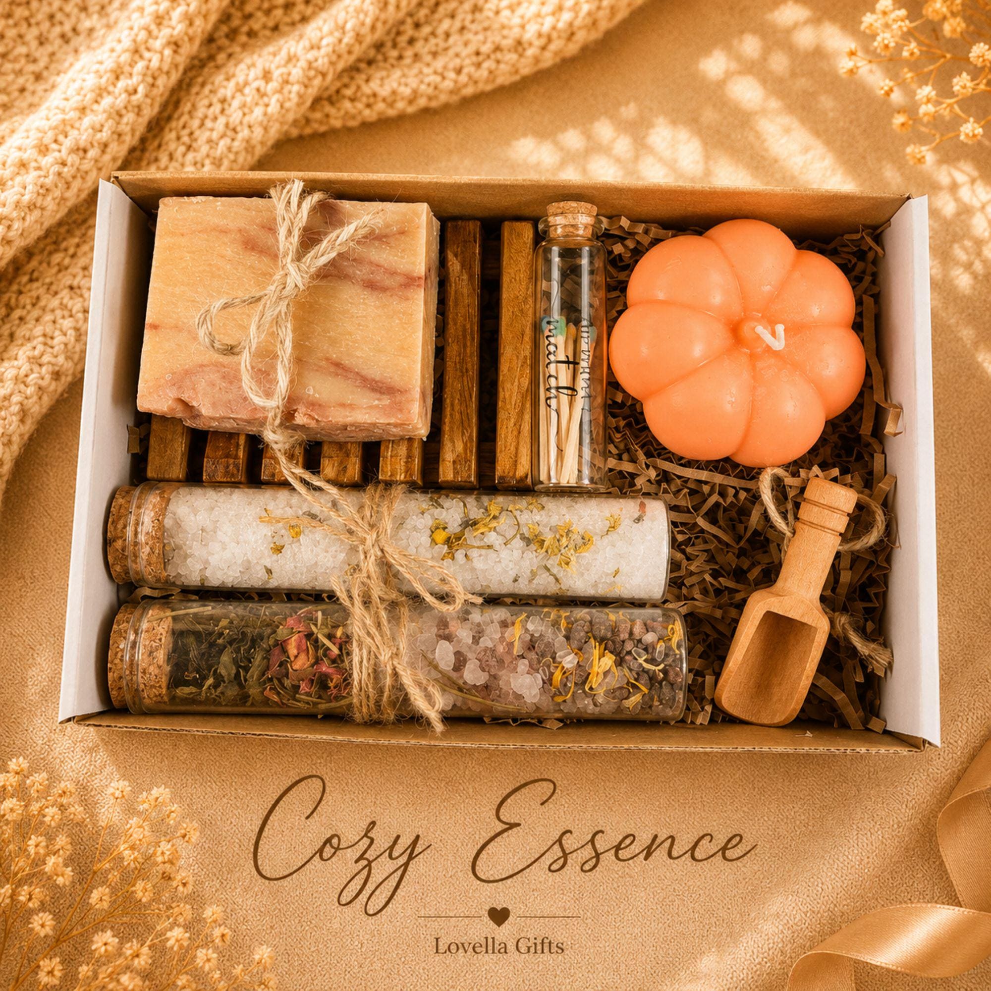 Employee thank you gift featuring handmade artisan soap, pumpkin soy candle, botanical wax sachet and crochet sunflower beautifully packaged in a luxury business gift box. Client appreciation gift box perfect for corporate thank you gifts, office gifts, staff appreciation gifts, employee recognition, coworker gifts, realtor closing gifts, team appreciation, business thank you gifts and professional client gifts. Handmade in Florida and ready to gift.