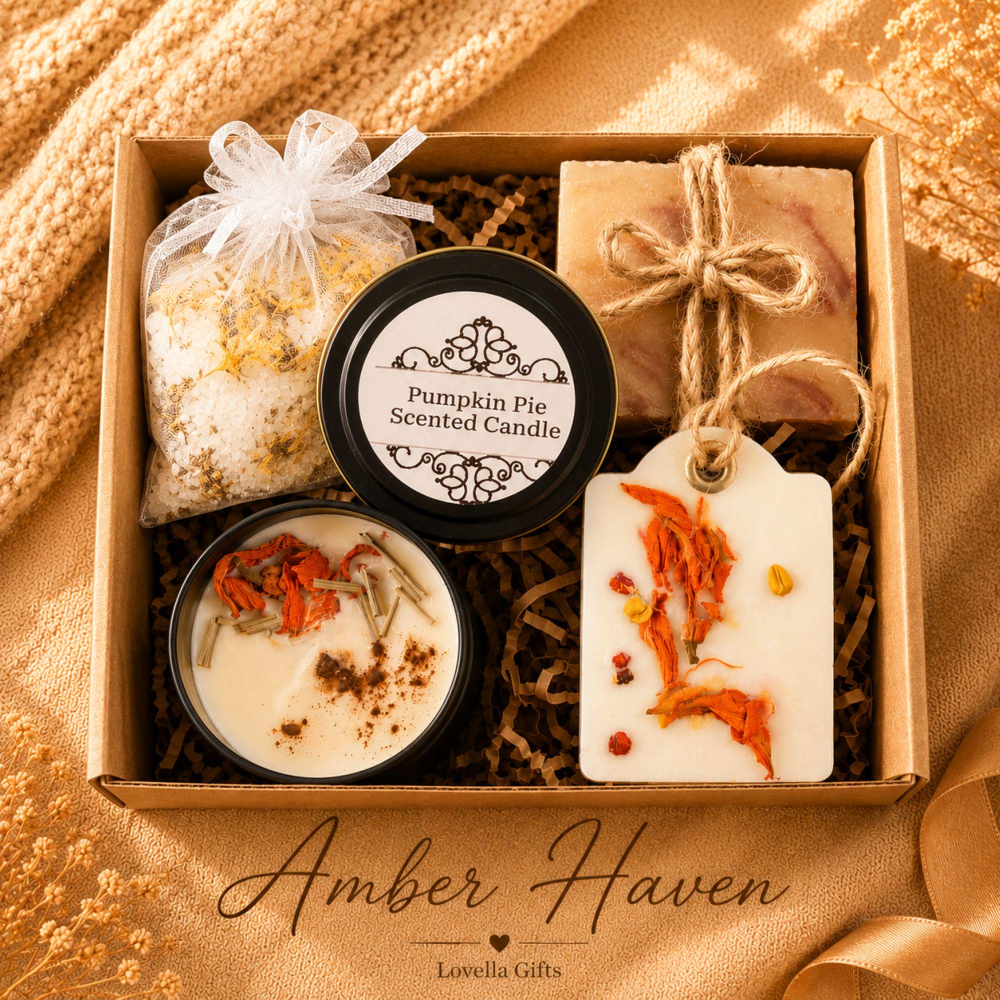 Employee thank you gift featuring handmade artisan soap, pumpkin soy candle, botanical wax sachet and crochet sunflower beautifully packaged in a luxury business gift box. Client appreciation gift box perfect for corporate thank you gifts, office gifts, staff appreciation gifts, employee recognition, coworker gifts, realtor closing gifts, team appreciation, business thank you gifts and professional client gifts. Handmade in Florida and ready to gift.