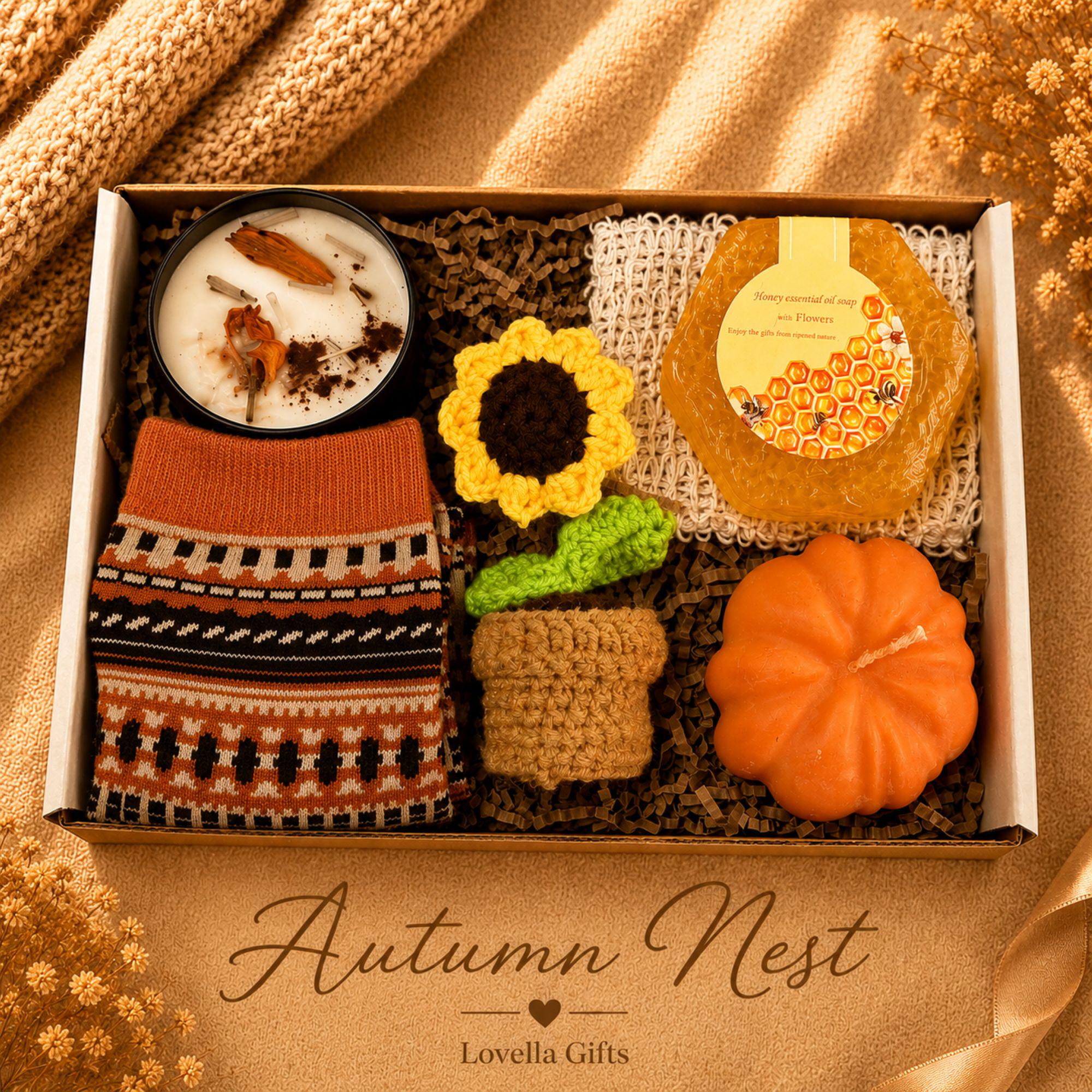 Employee thank you gift featuring handmade artisan soap, pumpkin soy candle, botanical wax sachet and crochet sunflower beautifully packaged in a luxury business gift box. Client appreciation gift box perfect for corporate thank you gifts, office gifts, staff appreciation gifts, employee recognition, coworker gifts, realtor closing gifts, team appreciation, business thank you gifts and professional client gifts. Handmade in Florida and ready to gift.