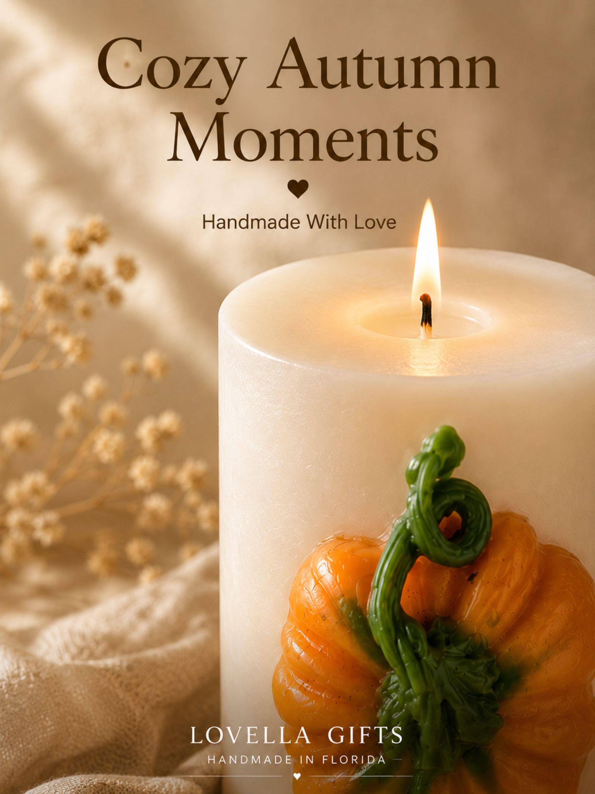 Pumpkin Candle fall soy wax pillar candle for autumn home decor, Thanksgiving table styling, harvest decor, and cozy seasonal gifts.
