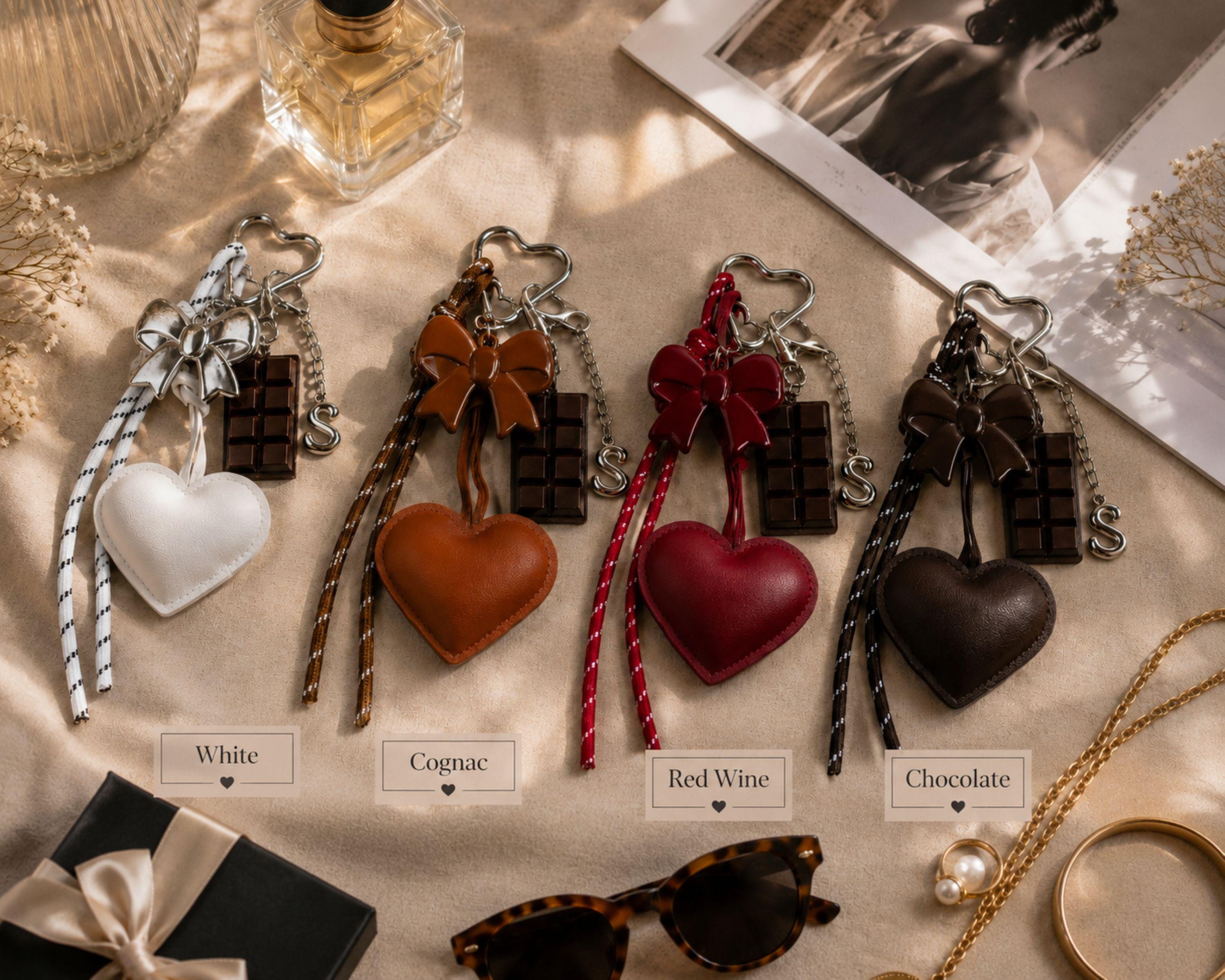 Personalized Bag Charm heart purse charm with bow keychain, initial charm, coquette handbag accessory, and cute gift styling.