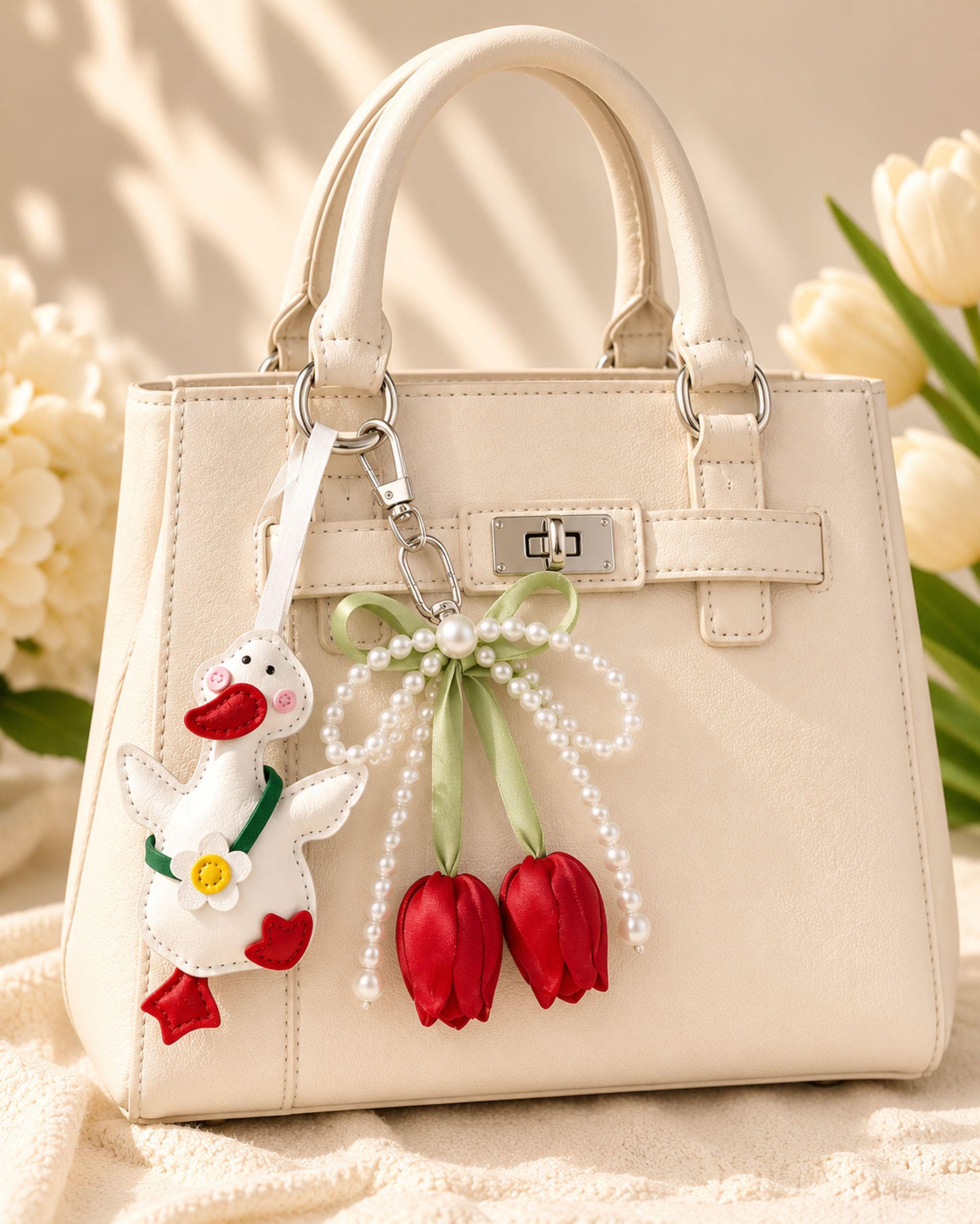 Duck Bag Charm goose purse charm with pearl bow, tulip details, optional initial charm, and cute coquette handbag accessory styling.