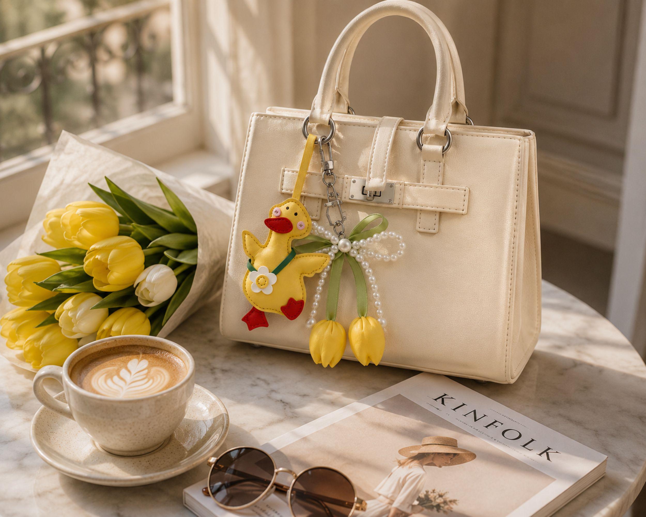 Yellow Duck Bag Charm personalized purse charm with tulip keychain, pearl bow, cute handbag accessory styling, and spring gift details.