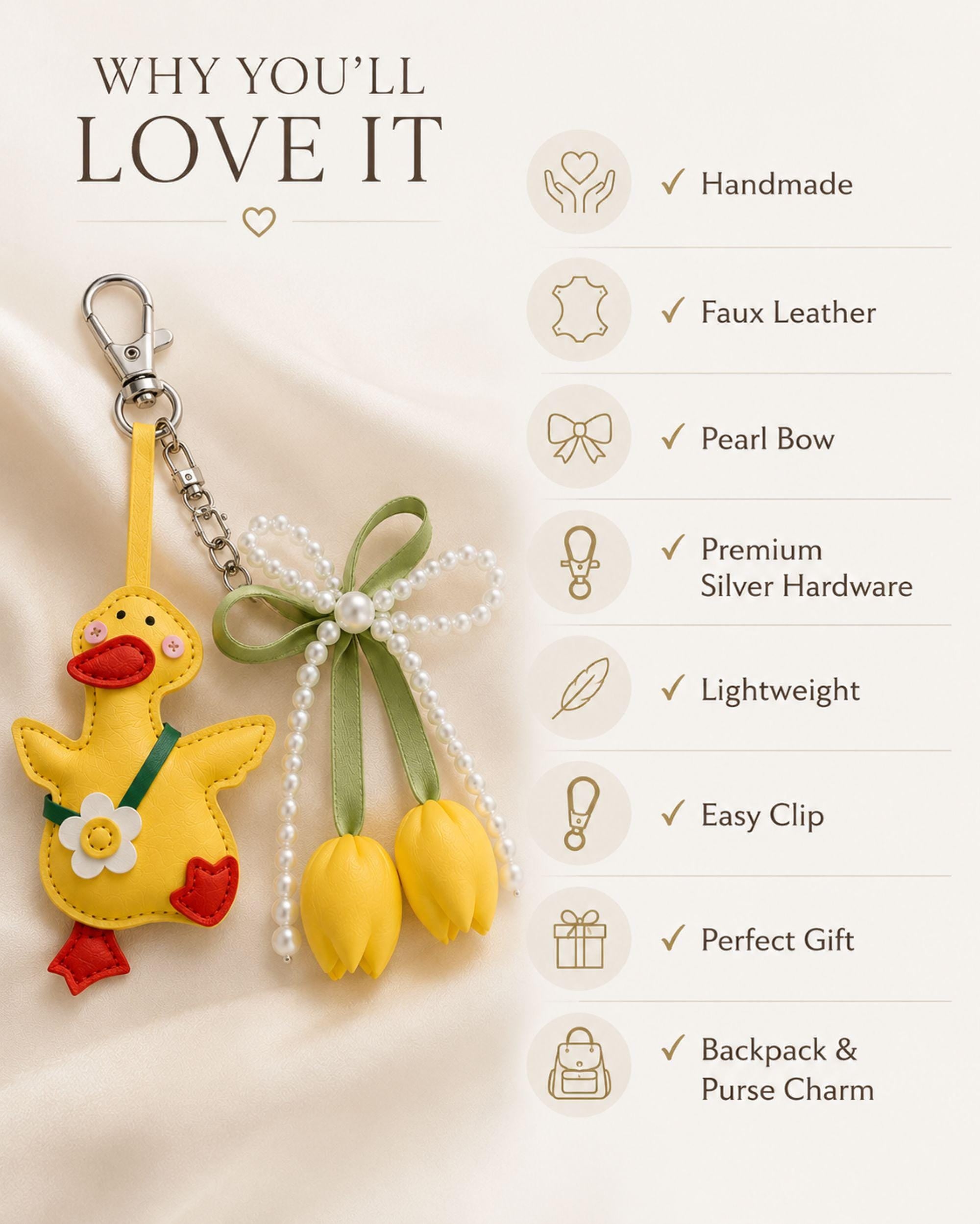 Yellow Duck Bag Charm personalized purse charm with tulip keychain, pearl bow, cute handbag accessory styling, and spring gift details.