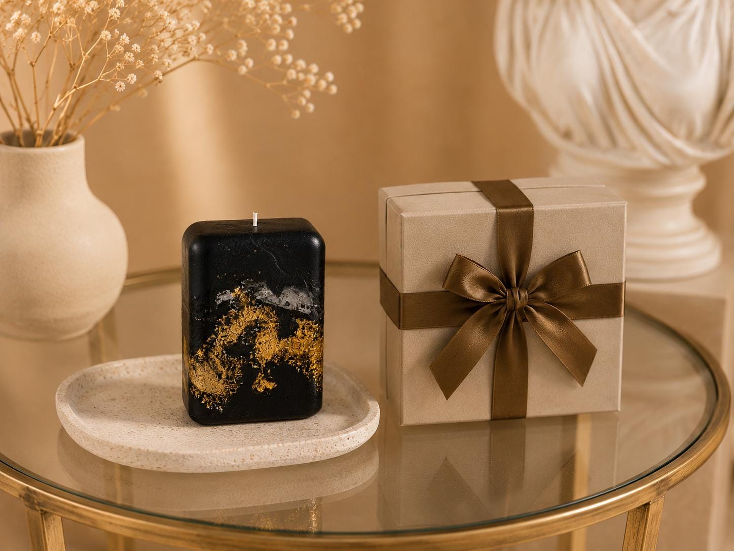 Black Gold Decorative Candle handmade luxury candle with gold leaf accents, sculptural black design, modern coffee table decor, and elegant housewarming gift styling.