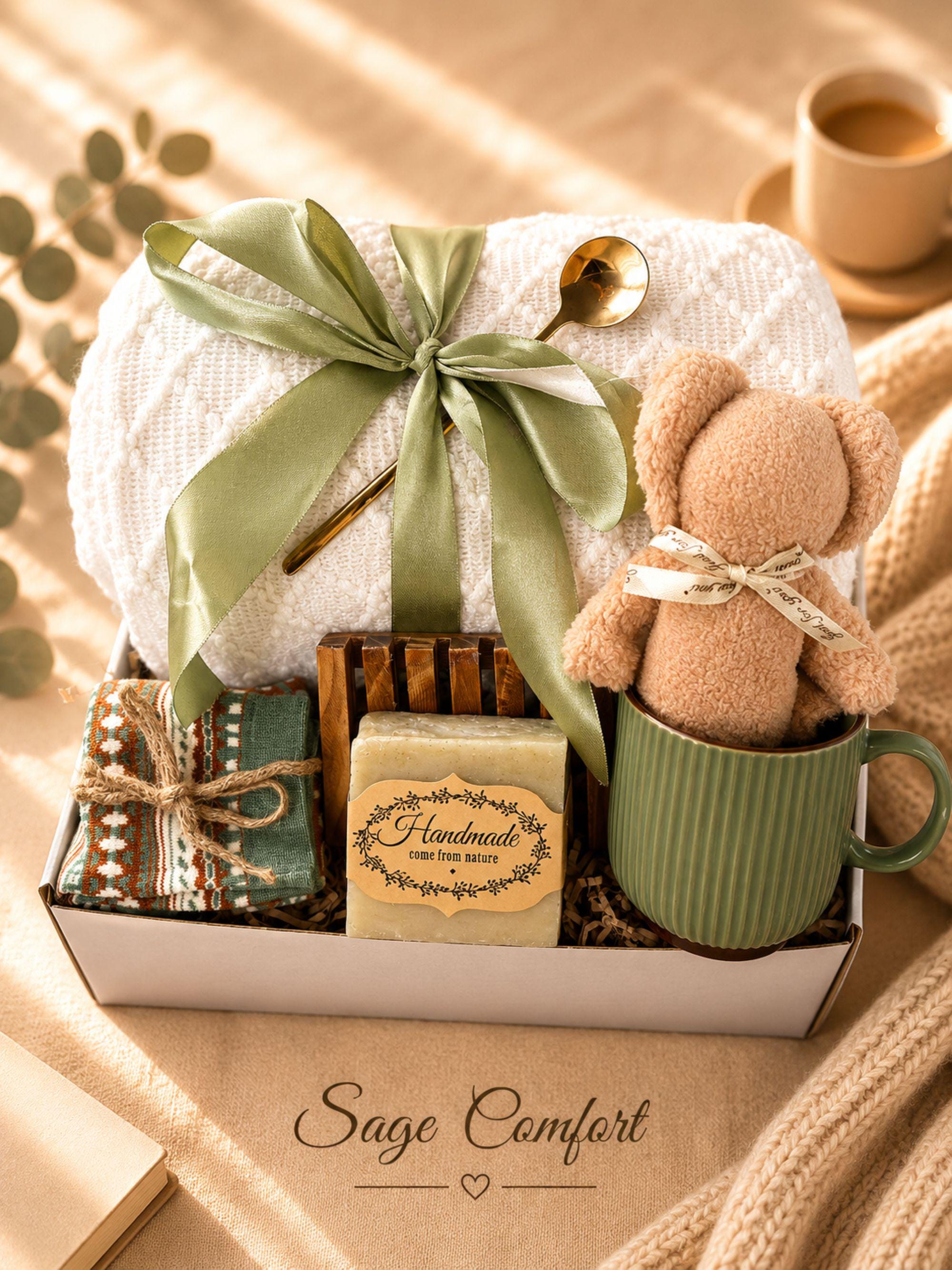Hysterectomy Recovery Gift Box with cozy self care comfort items, surgery care package styling, get well soon support, and thoughtful gift for women presentation.