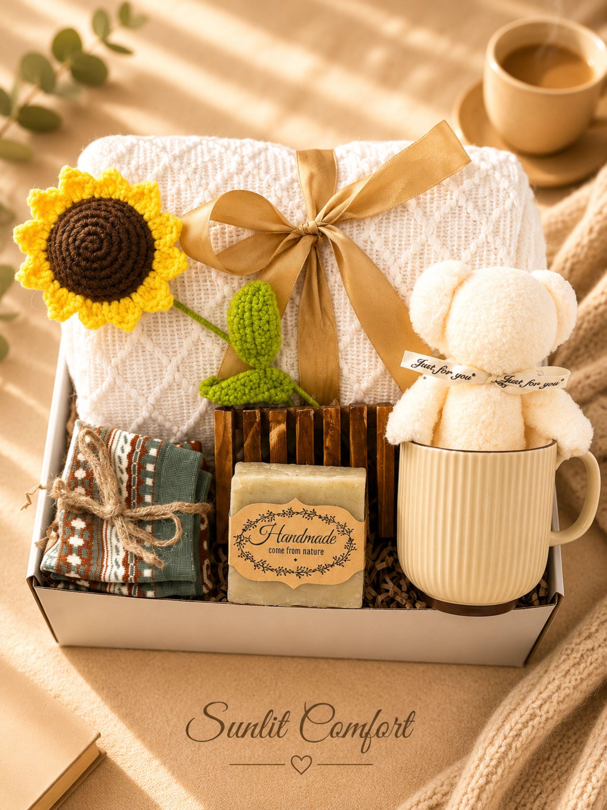 Hysterectomy Recovery Gift Box with cozy self care comfort items, surgery care package styling, get well soon support, and thoughtful gift for women presentation.