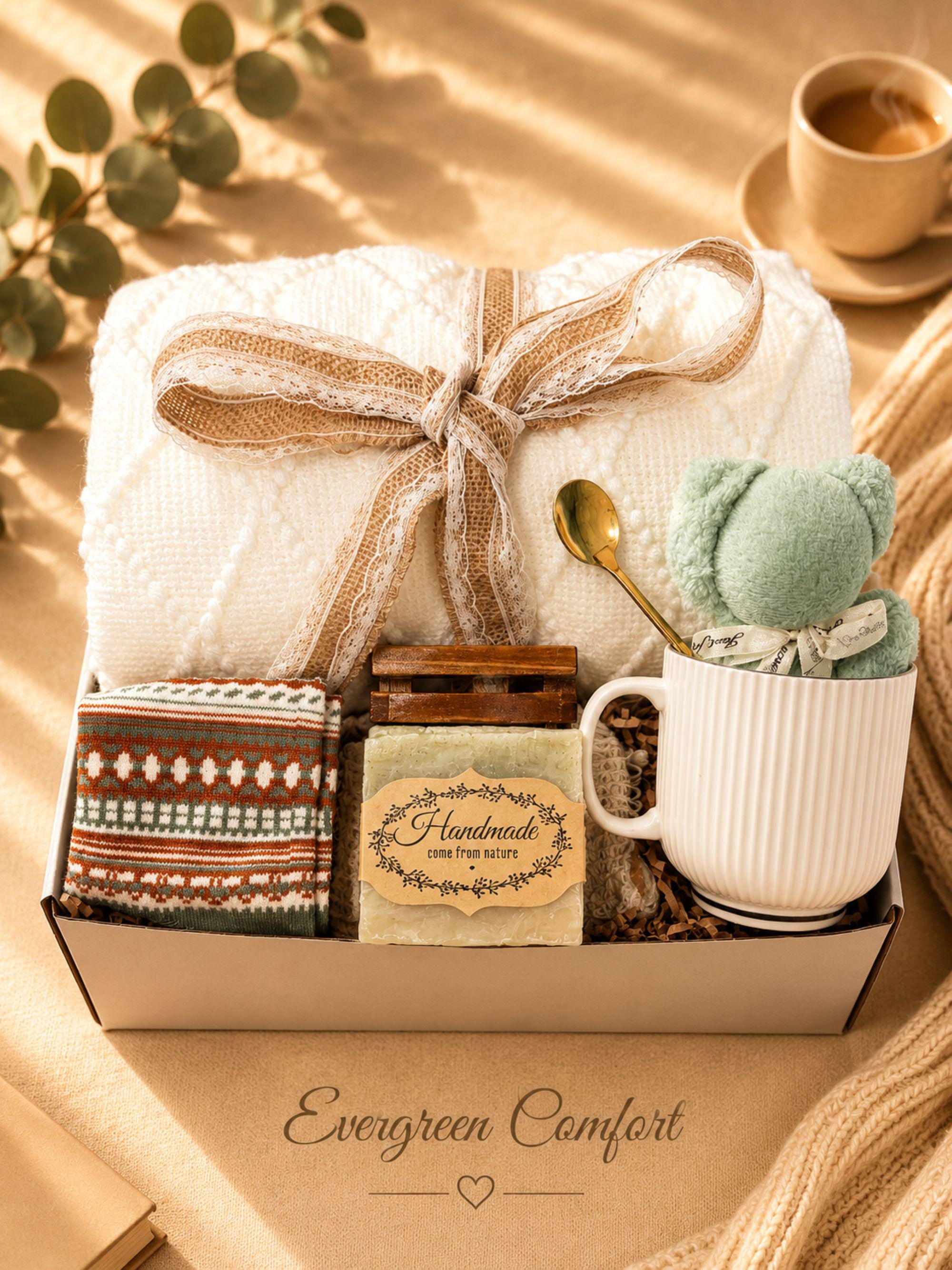 Hysterectomy Recovery Gift Box with cozy self care comfort items, surgery care package styling, get well soon support, and thoughtful gift for women presentation.