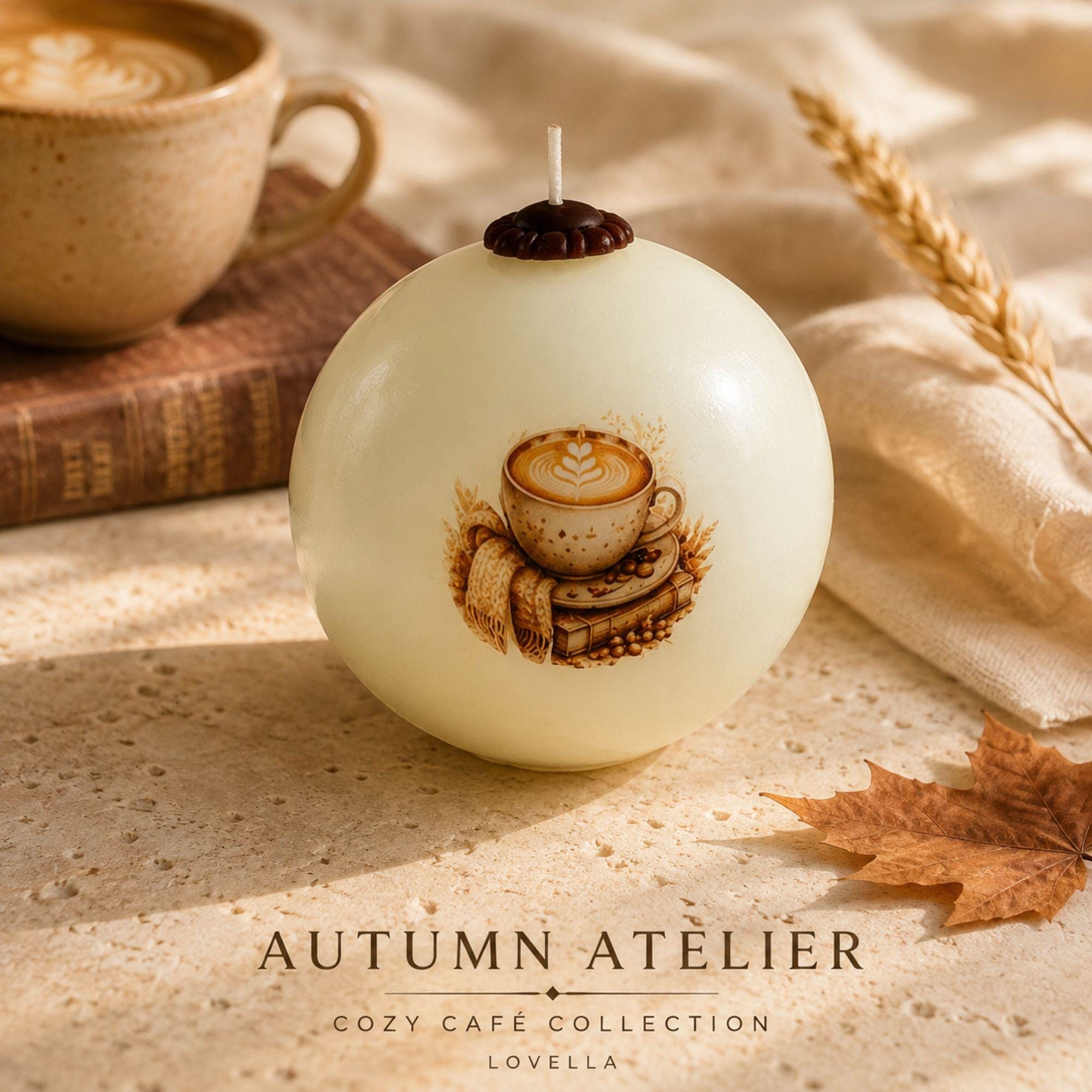Autumn Candle handmade coffee lover fall decor sphere candle for cottagecore styling, Thanksgiving decor, hostess gift, and cozy housewarming gift. Product image 1.