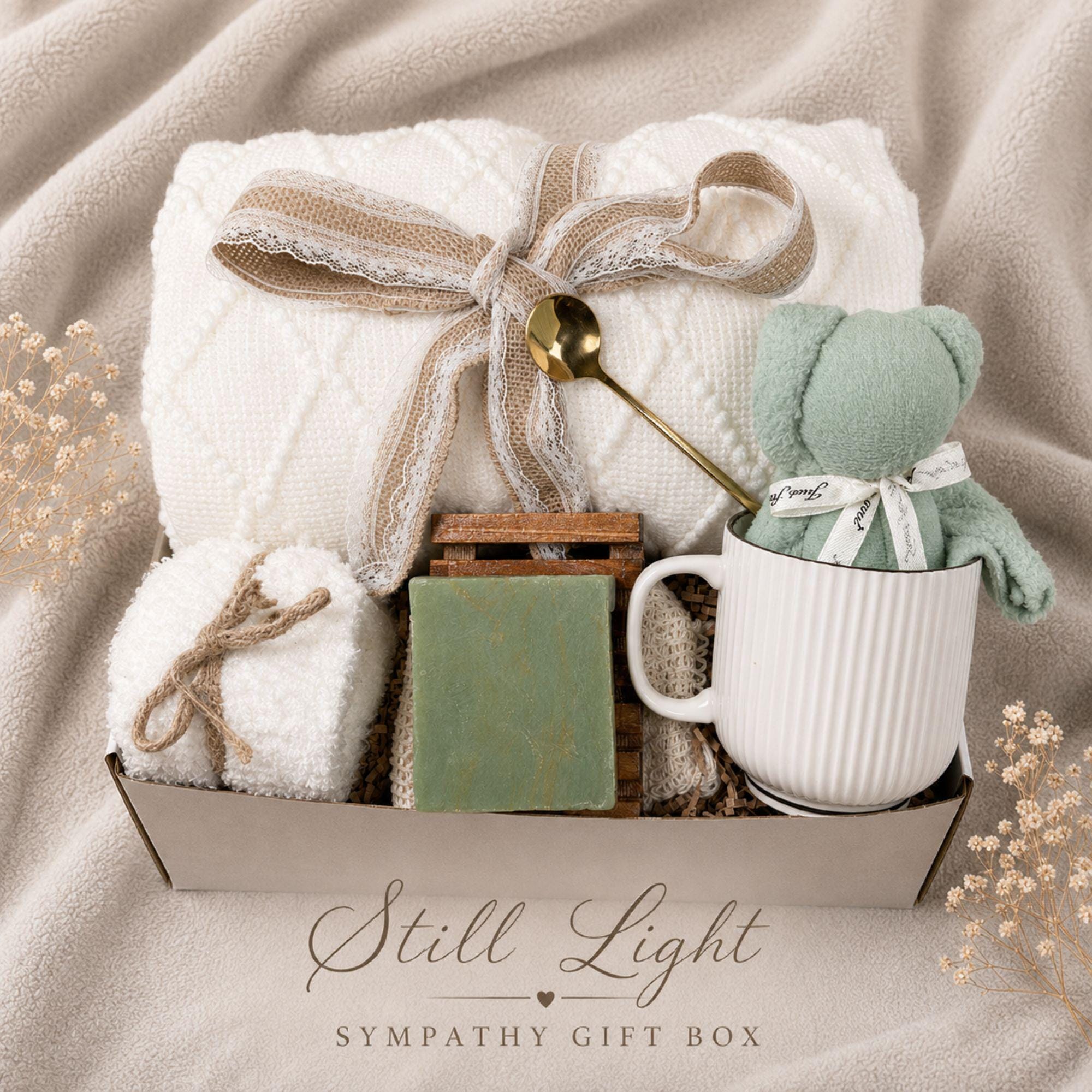 Miscarriage Gift Box pregnancy loss care package with gentle comfort items, baby loss memorial support, sympathy gift for mom, and bereavement presentation.