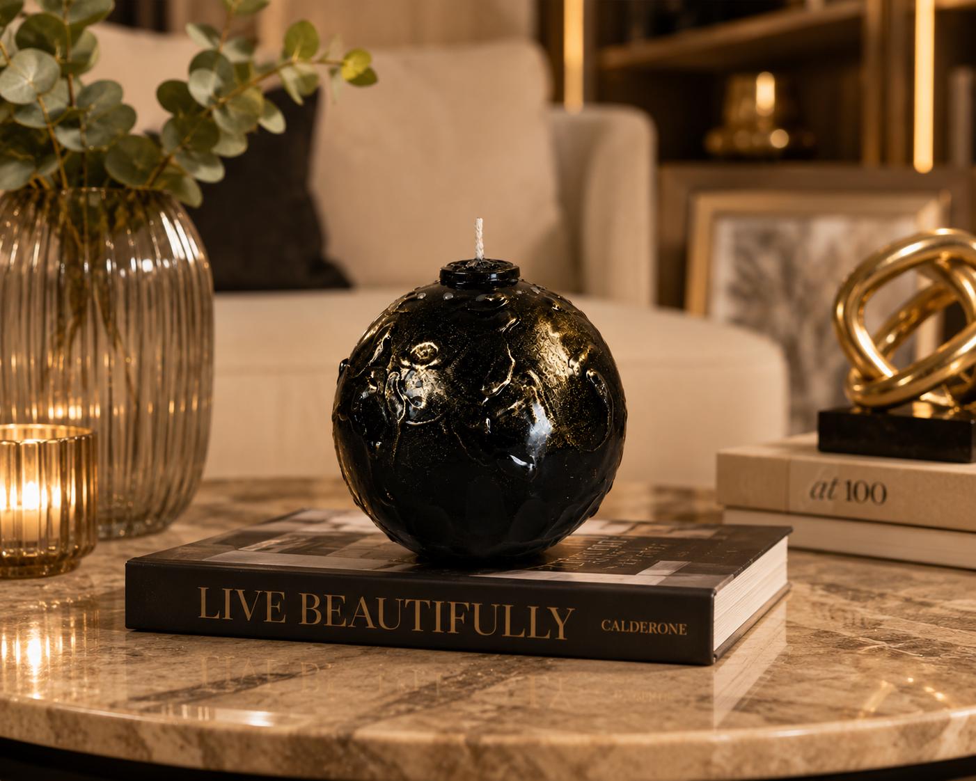 Luxury Black & Gold Sphere Candle handmade decorative candle for gothic decor, modern home decor, sculptural wax art, and housewarming gift. Product image 6.