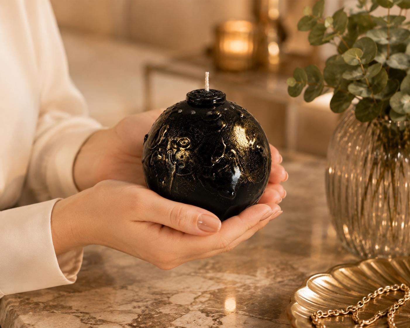 Luxury Black & Gold Sphere Candle handmade decorative candle for gothic decor, modern home decor, sculptural wax art, and housewarming gift. Product image 7.