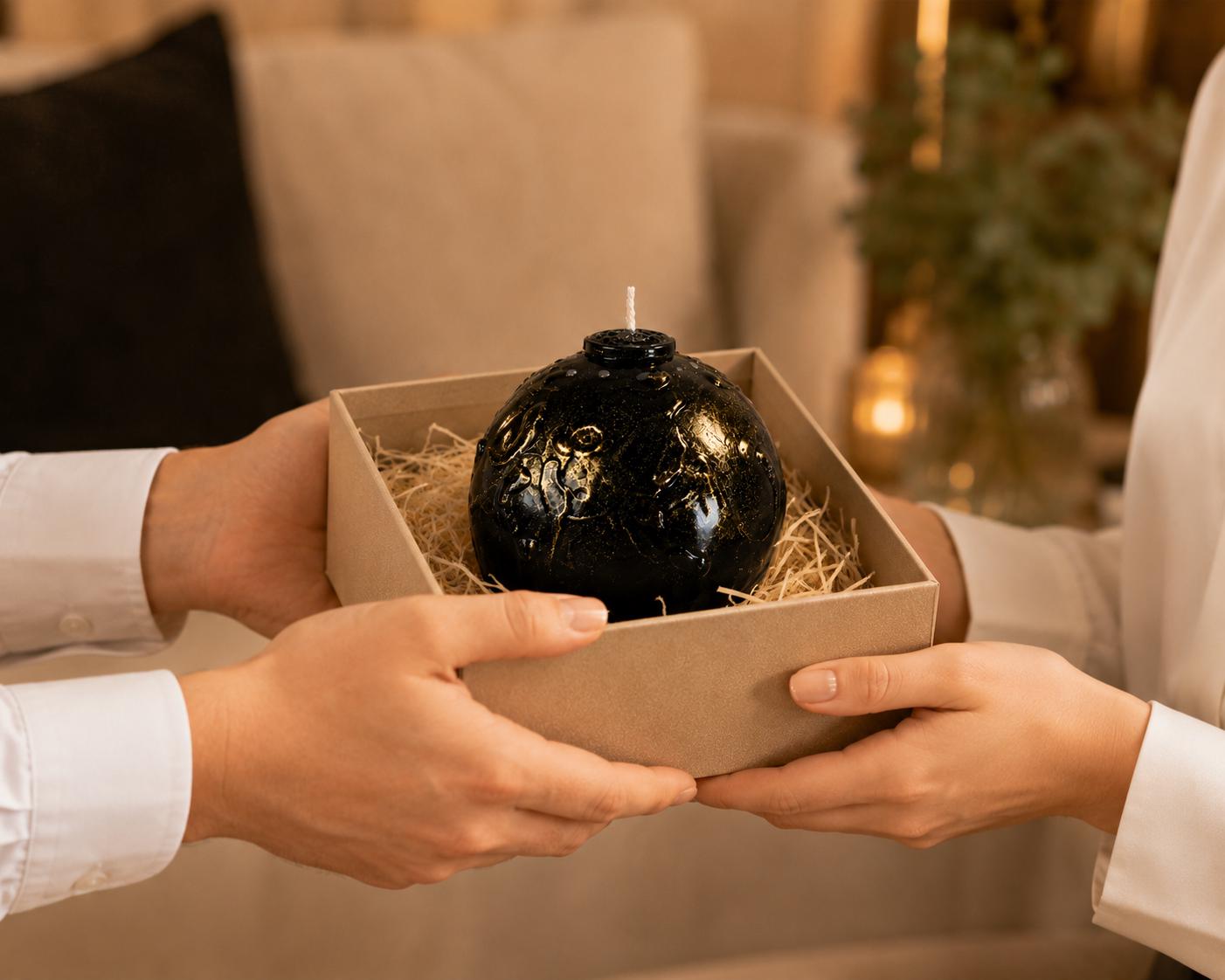 Luxury Black & Gold Sphere Candle handmade decorative candle for gothic decor, modern home decor, sculptural wax art, and housewarming gift. Product image 9.