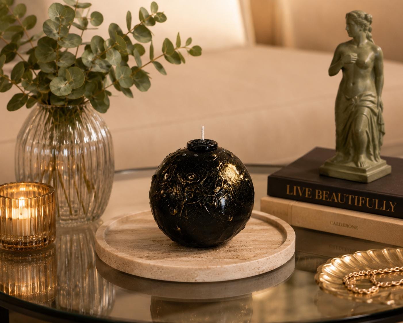 Luxury Black & Gold Sphere Candle handmade decorative candle for gothic decor, modern home decor, sculptural wax art, and housewarming gift. Product image 10.