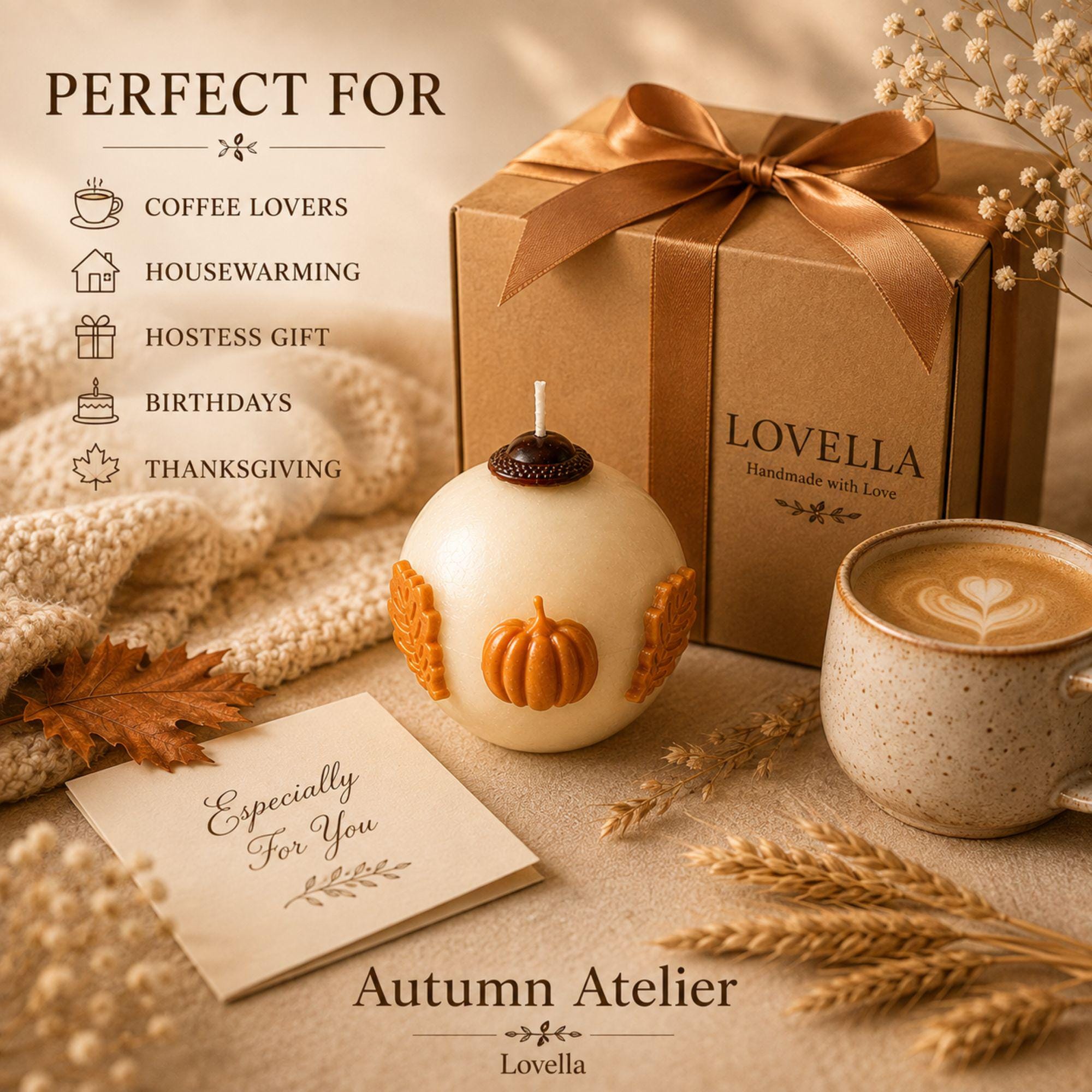Pumpkin Candle handmade fall decor candle for Thanksgiving decor, autumn harvest styling, Halloween decor, and cozy housewarming gift. Product image 9.