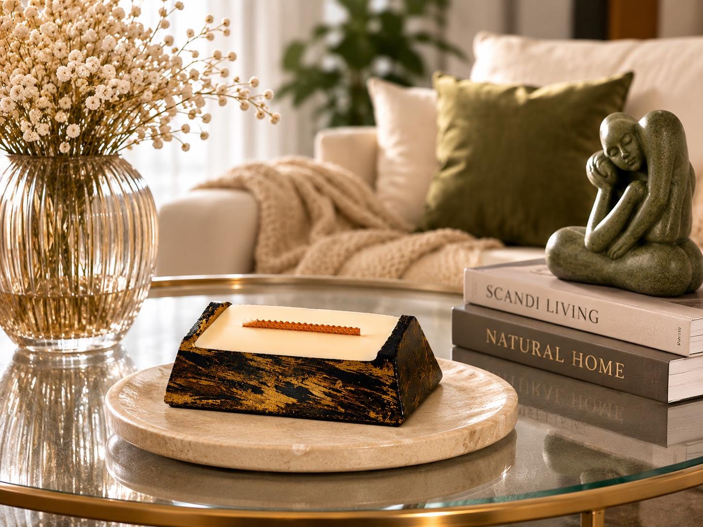 Luxury Decorative Candle - image 9 showing black gold artisan candle, ivory wax, wood wick, and elegant home decor styling. Modern Wood Wick Candle for housewarming gifts, coffee table decor, and luxury home styling.