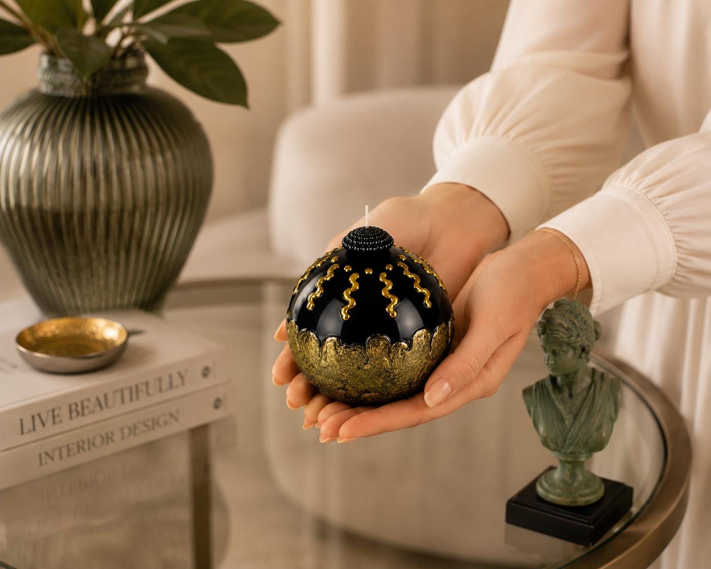 Luxury Decorative Sphere Candle black and gold handmade candle for modern home decor, sculptural art candle styling, and unique gift. Product image 5.