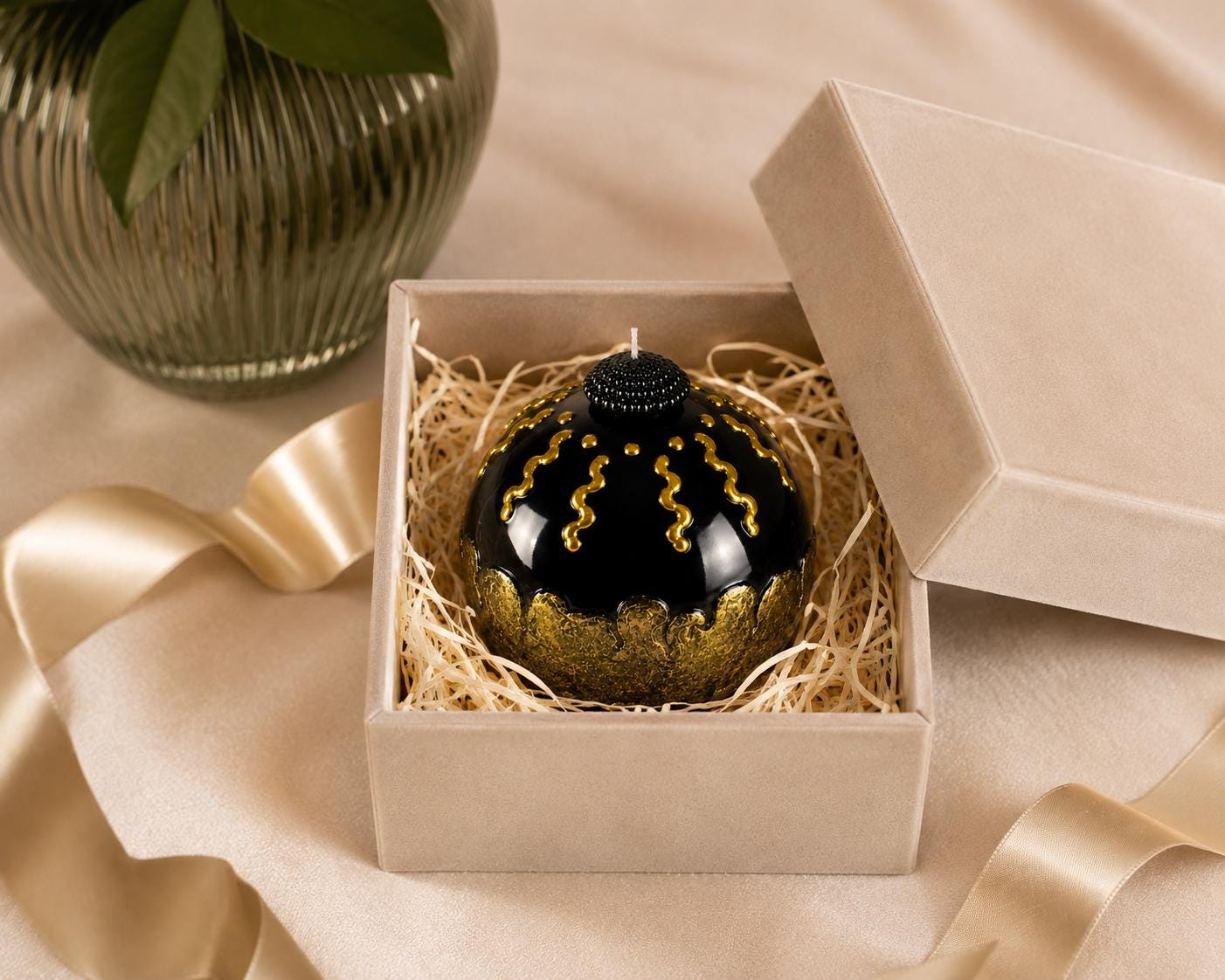 Luxury Decorative Sphere Candle black and gold handmade candle for modern home decor, sculptural art candle styling, and unique gift. Product image 6.