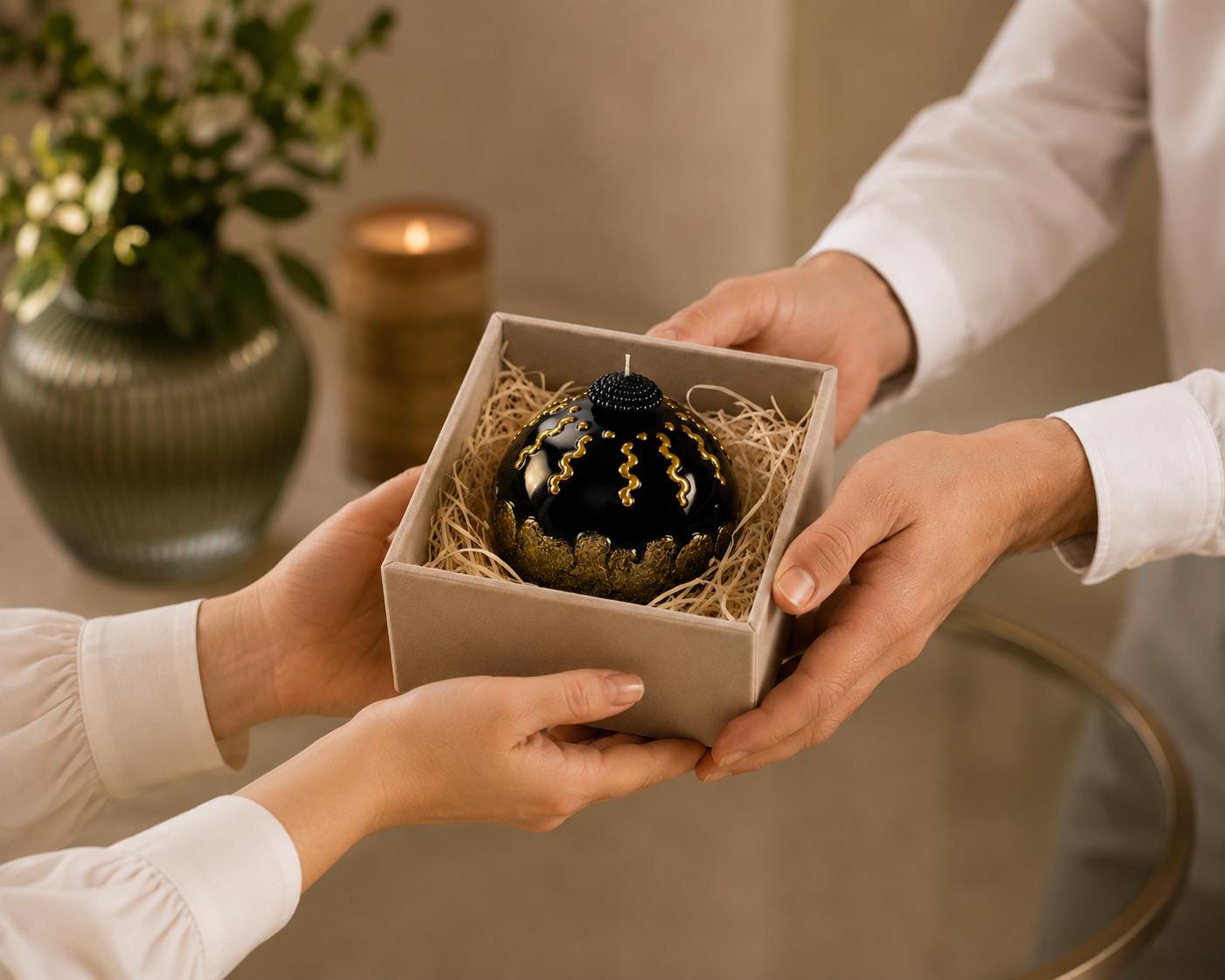 Luxury Decorative Sphere Candle black and gold handmade candle for modern home decor, sculptural art candle styling, and unique gift. Product image 7.