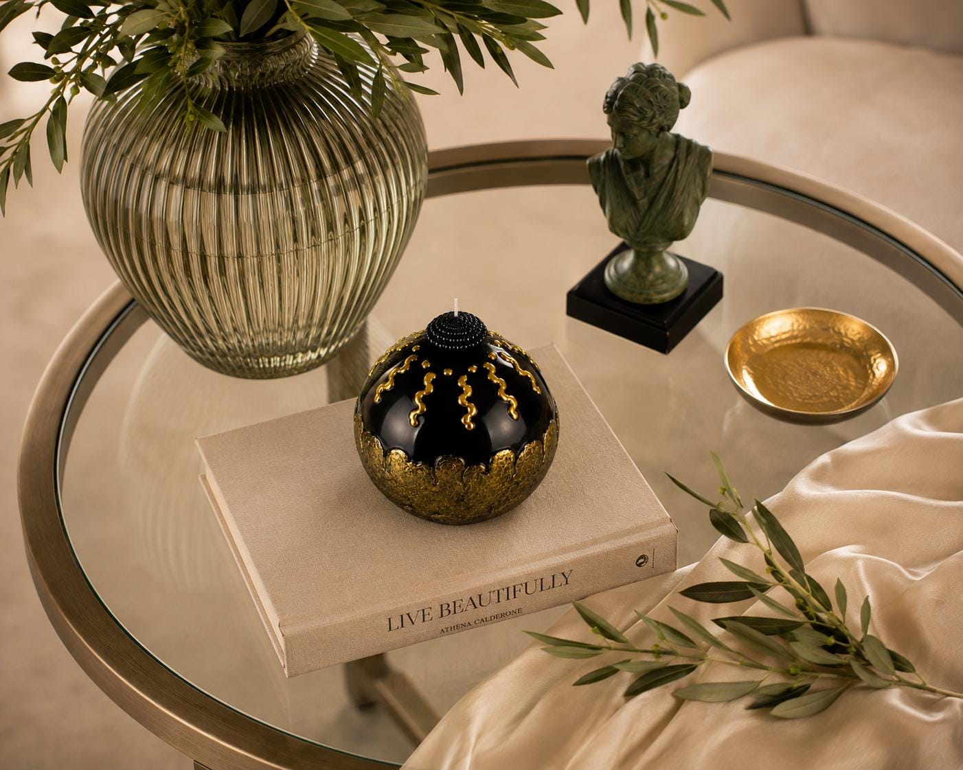 Luxury Decorative Sphere Candle black and gold handmade candle for modern home decor, sculptural art candle styling, and unique gift. Product image 8.