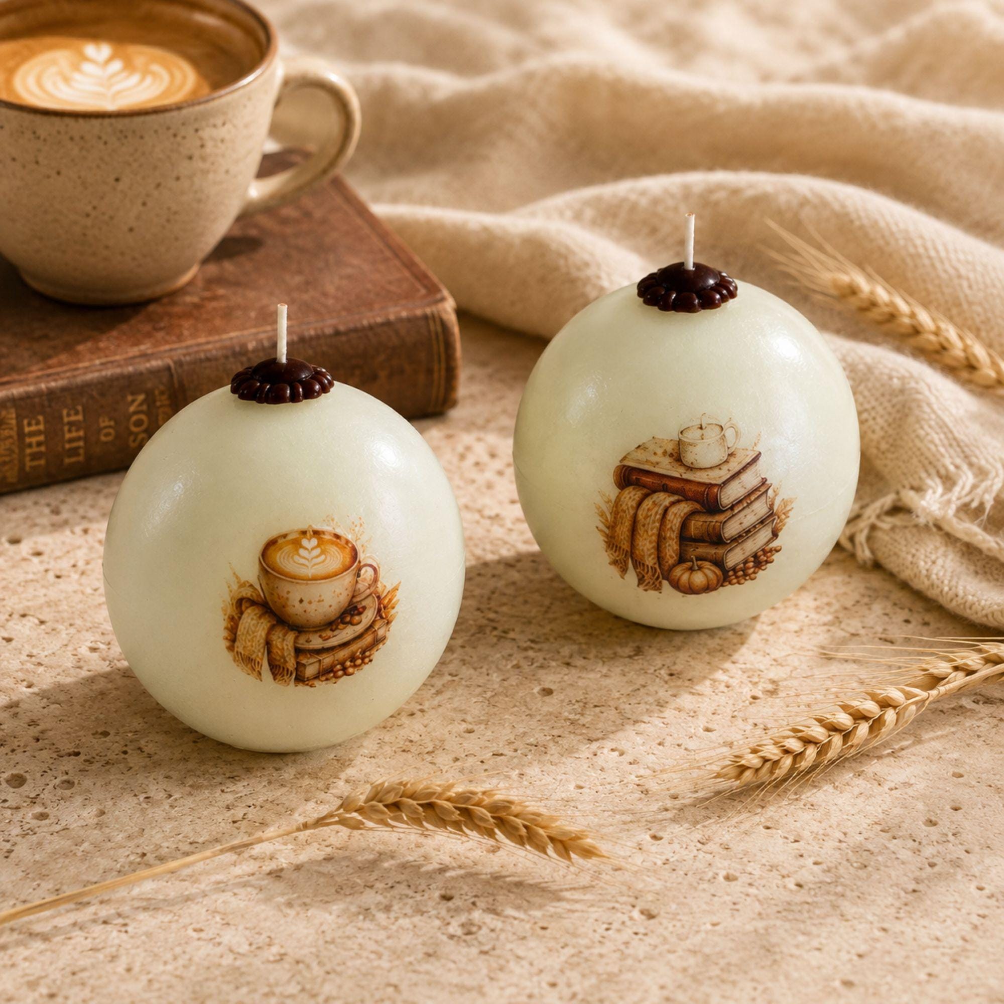 Autumn Candle handmade coffee lover fall decor sphere candle for cottagecore styling, Thanksgiving decor, hostess gift, and cozy housewarming gift. Product image 3.