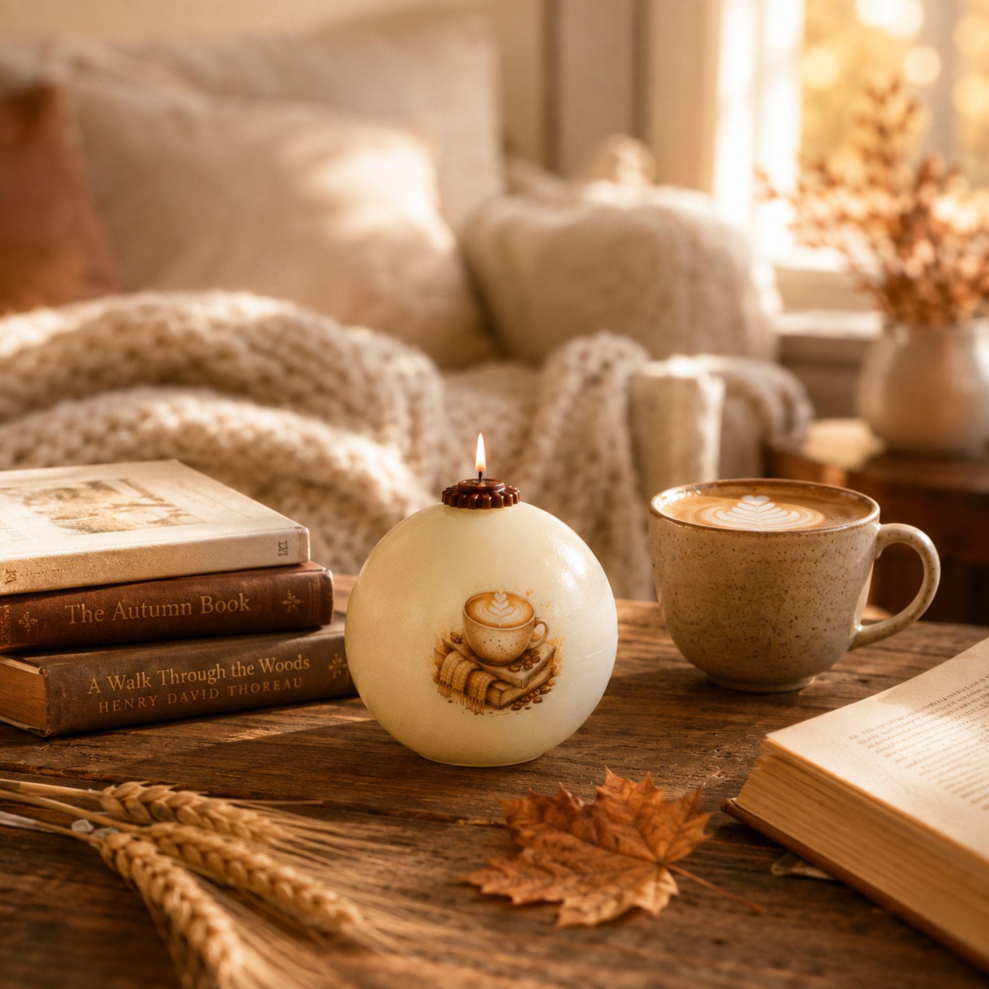 Autumn Candle handmade coffee lover fall decor sphere candle for cottagecore styling, Thanksgiving decor, hostess gift, and cozy housewarming gift. Product image 6.