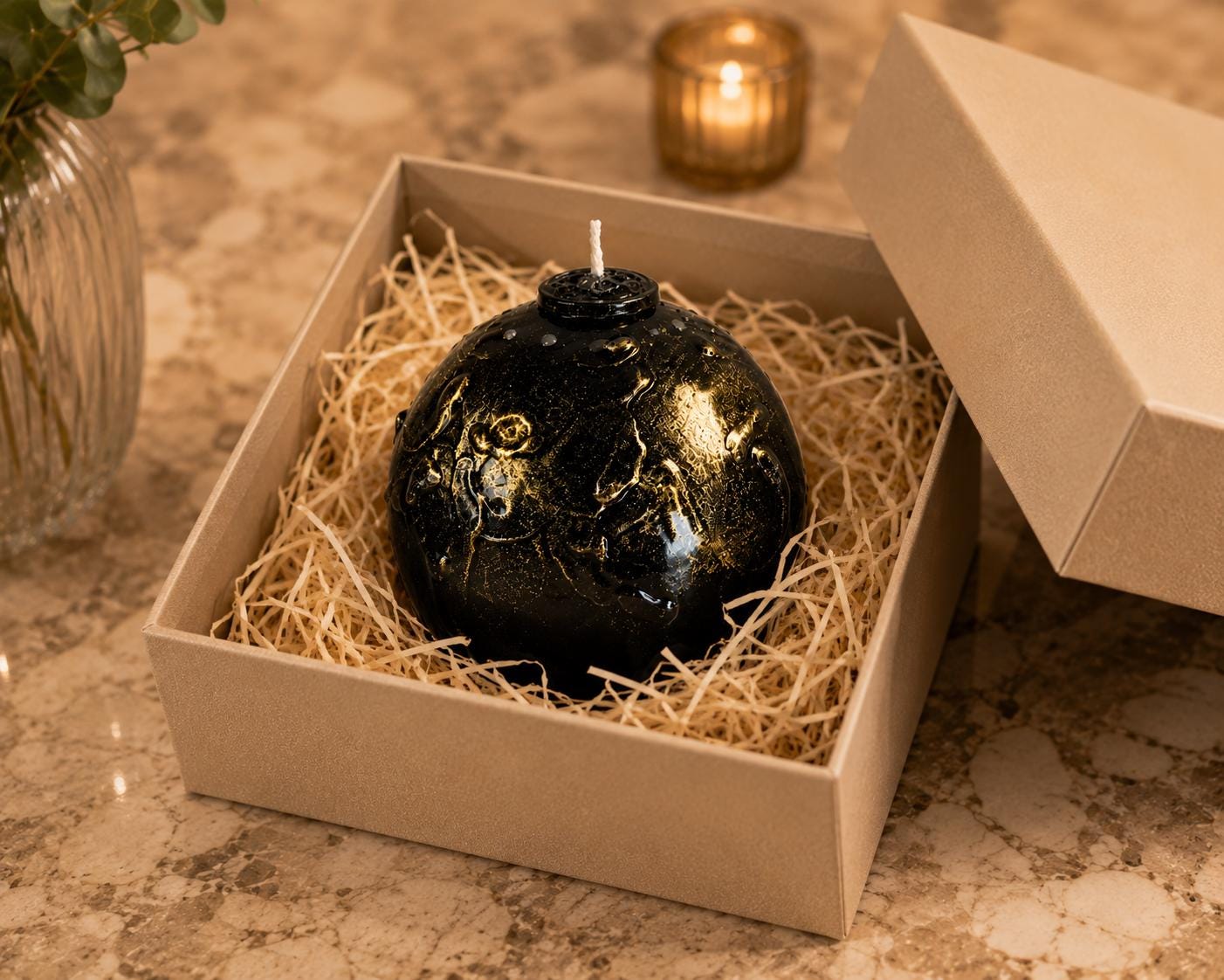 Luxury Black & Gold Sphere Candle handmade decorative candle for gothic decor, modern home decor, sculptural wax art, and housewarming gift. Product image 8.