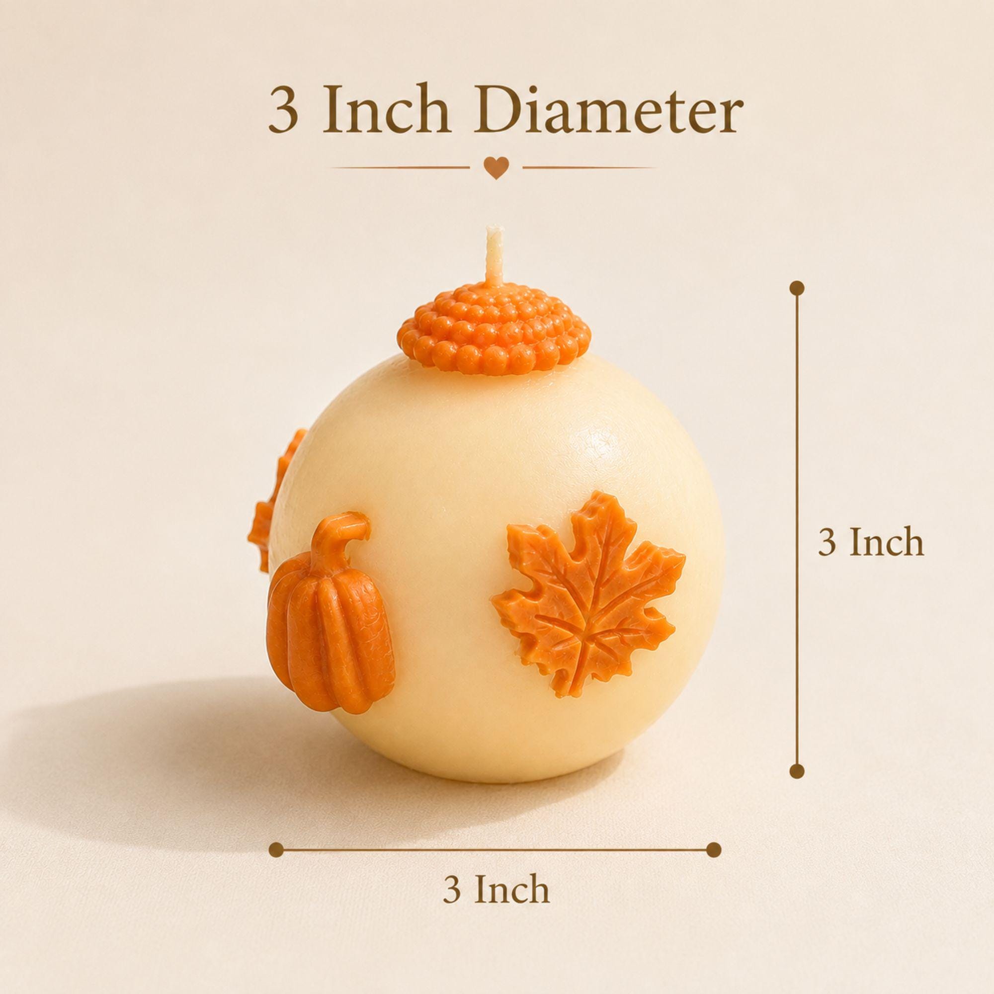 Handmade fall wedding favor featuring a 3 inch ivory sphere pumpkin candle with orange autumn maple leaf and pumpkin details, beautifully presented as a rustic wedding guest gift. Unique autumn wedding favor for October and November weddings, bridal showers, engagement parties, rehearsal dinners and fall celebrations. Individually wrapped in white organza for an elegant gift-ready presentation.