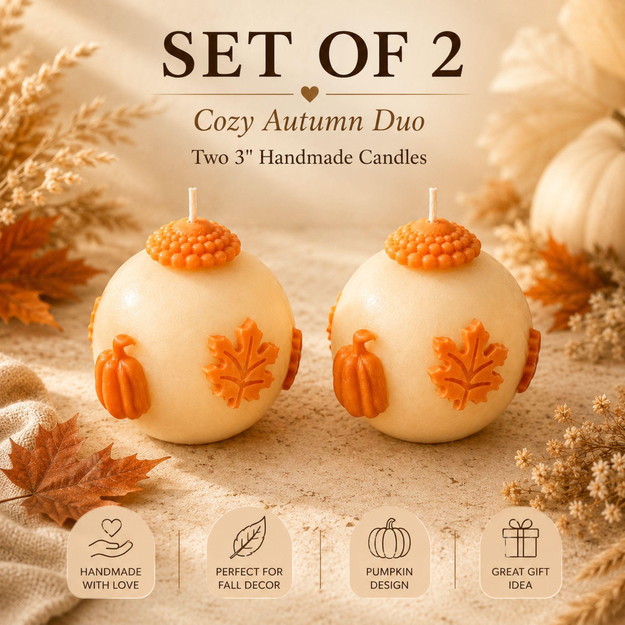 Handmade pumpkin candle set featuring ivory 3 inch sphere candles with dimensional orange pumpkins, maple leaves and autumn details, shown as a set of 2 and set of 3 in rustic kraft gift boxes. Decorative unscented fall candles for autumn home decor, Thanksgiving table decor, fall centerpiece, mantel decor, coffee table styling, farmhouse pumpkin decor, hostess gift, housewarming gift, Thanksgiving gift, fall birthday gift and unique gift for pumpkin lovers.