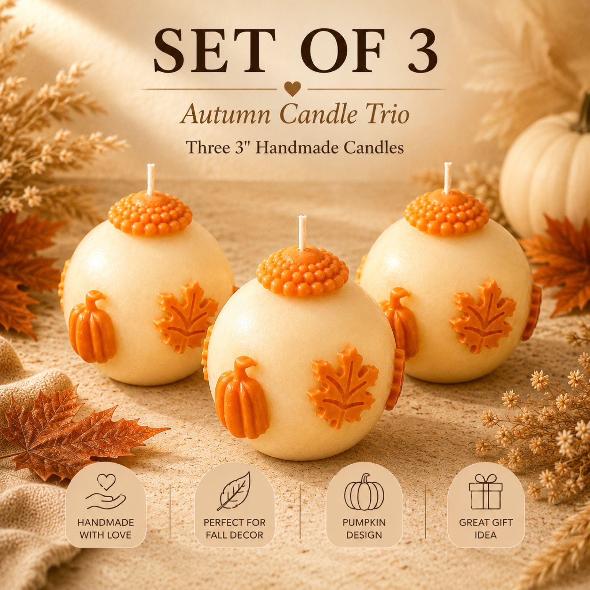Handmade pumpkin candle set featuring ivory 3 inch sphere candles with dimensional orange pumpkins, maple leaves and autumn details, shown as a set of 2 and set of 3 in rustic kraft gift boxes. Decorative unscented fall candles for autumn home decor, Thanksgiving table decor, fall centerpiece, mantel decor, coffee table styling, farmhouse pumpkin decor, hostess gift, housewarming gift, Thanksgiving gift, fall birthday gift and unique gift for pumpkin lovers.