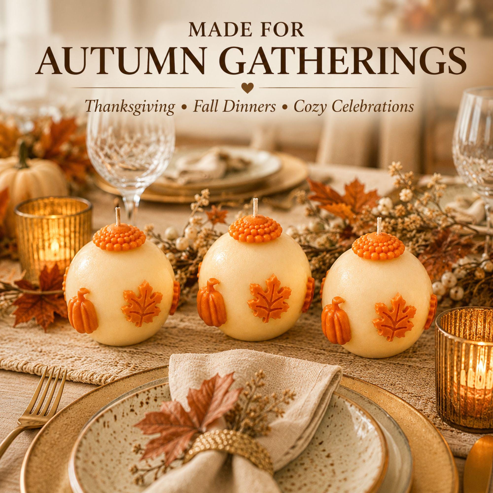 Handmade pumpkin candle set featuring ivory 3 inch sphere candles with dimensional orange pumpkins, maple leaves and autumn details, shown as a set of 2 and set of 3 in rustic kraft gift boxes. Decorative unscented fall candles for autumn home decor, Thanksgiving table decor, fall centerpiece, mantel decor, coffee table styling, farmhouse pumpkin decor, hostess gift, housewarming gift, Thanksgiving gift, fall birthday gift and unique gift for pumpkin lovers.
