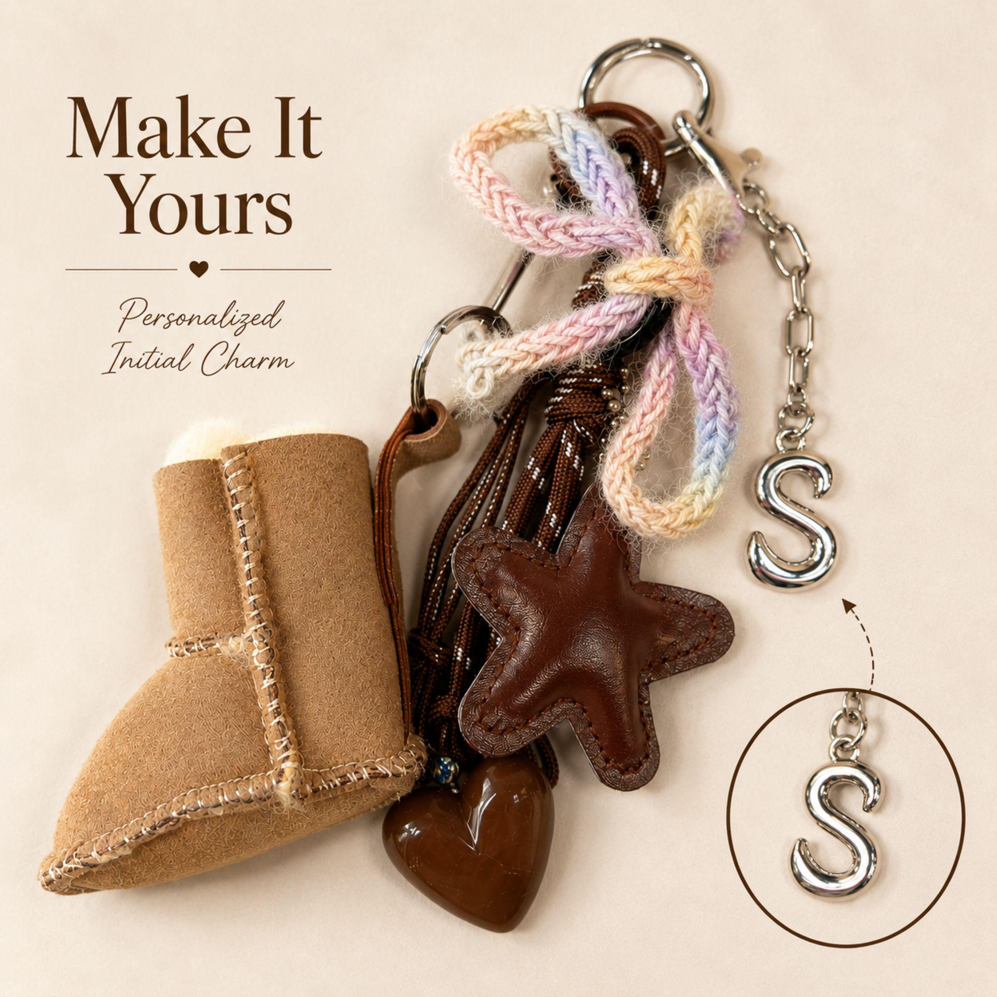 Personalized bag charm with silver initial letter, tan mini boot charm, brown leather star, glossy heart, pastel knitted bow, brown cord details and silver hardware. Cozy brown purse accessory and statement handbag charm designed for purses, totes and backpacks. Unique personalized initial keychain with layered neutral and pastel details, ideal as a cute bag accessory, backpack charm, personalized gift for her, best friend gift, sister gift or teen girl gift.