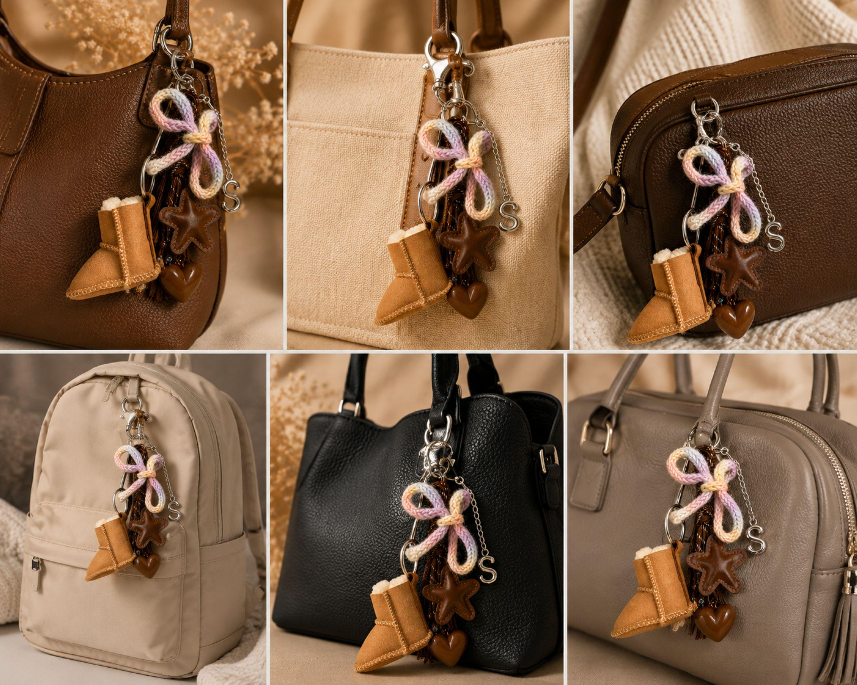 Personalized bag charm with silver initial letter, tan mini boot charm, brown leather star, glossy heart, pastel knitted bow, brown cord details and silver hardware. Cozy brown purse accessory and statement handbag charm designed for purses, totes and backpacks. Unique personalized initial keychain with layered neutral and pastel details, ideal as a cute bag accessory, backpack charm, personalized gift for her, best friend gift, sister gift or teen girl gift.