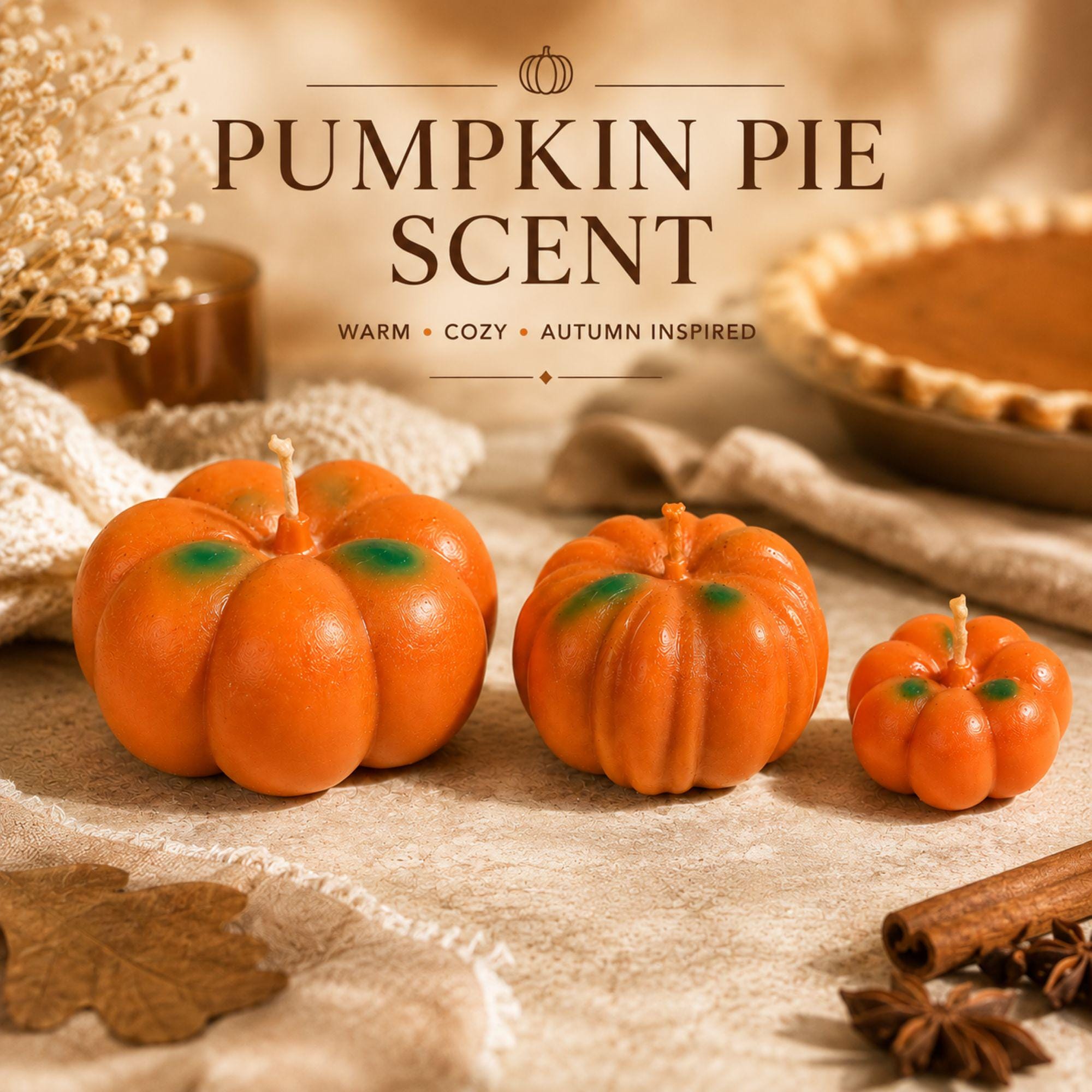 Pumpkin Pie scented candle set featuring three handmade orange pumpkin shaped candles in coordinating large, medium and small sizes. Cozy scented fall candles styled with warm autumn details and pumpkin pie inspiration for seasonal home decor, Thanksgiving decorating and fall gatherings. Decorative pumpkin candles bring autumn fragrance and harvest style to a table, mantel or fall centerpiece.