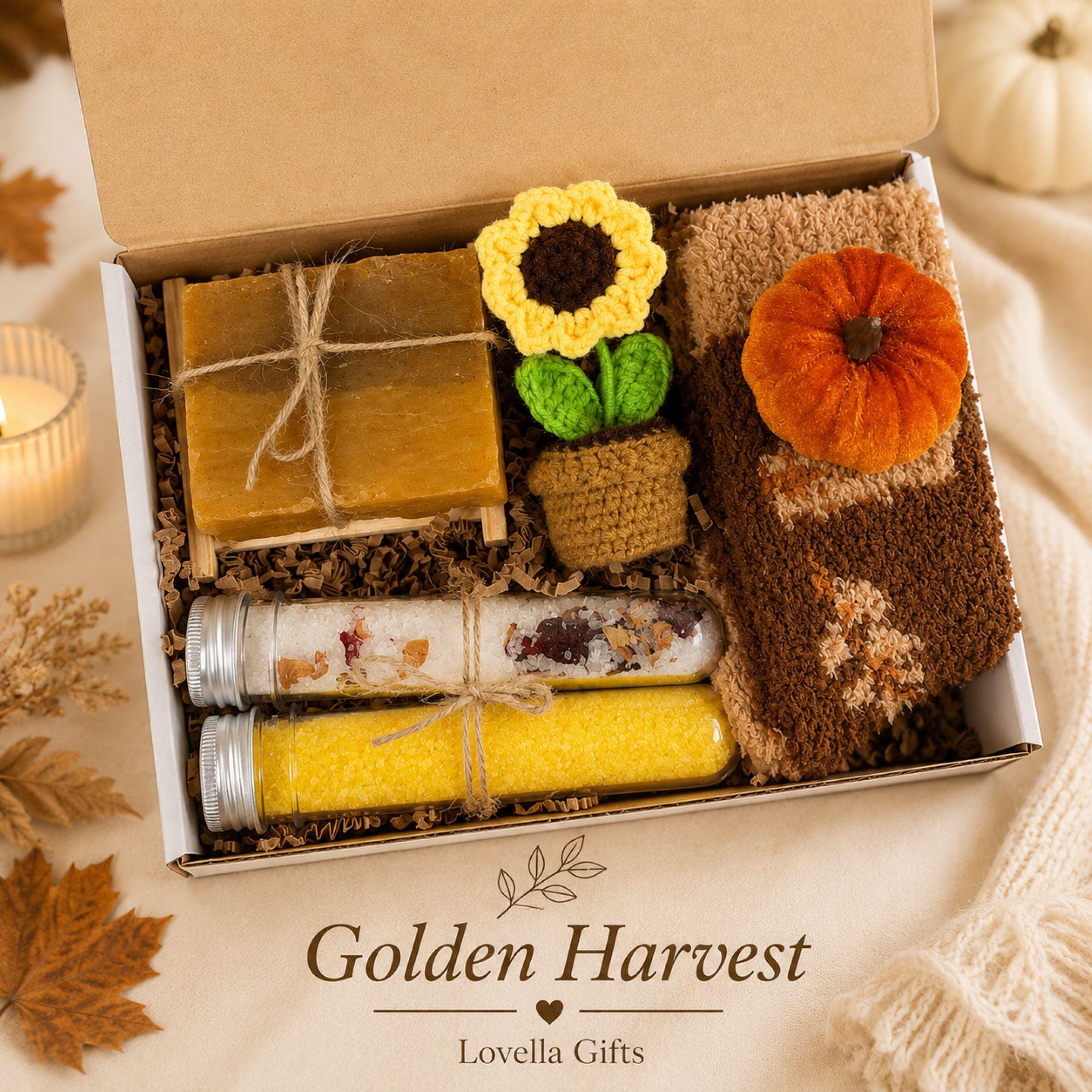 Golden Hearth fall gift box for her, a cozy autumn care package featuring pumpkin spice self care, soft fall accessories, sunflower crochet details, pumpkin accents and warm seasonal brown, orange and yellow tones. Beautiful fall gift basket for women, pumpkin spice lover gift, fall birthday gift for her, Thanksgiving hostess gift, thinking of you care package, self care gift, best friend gift, gift for Mom or cozy autumn surprise for a woman who loves fall.