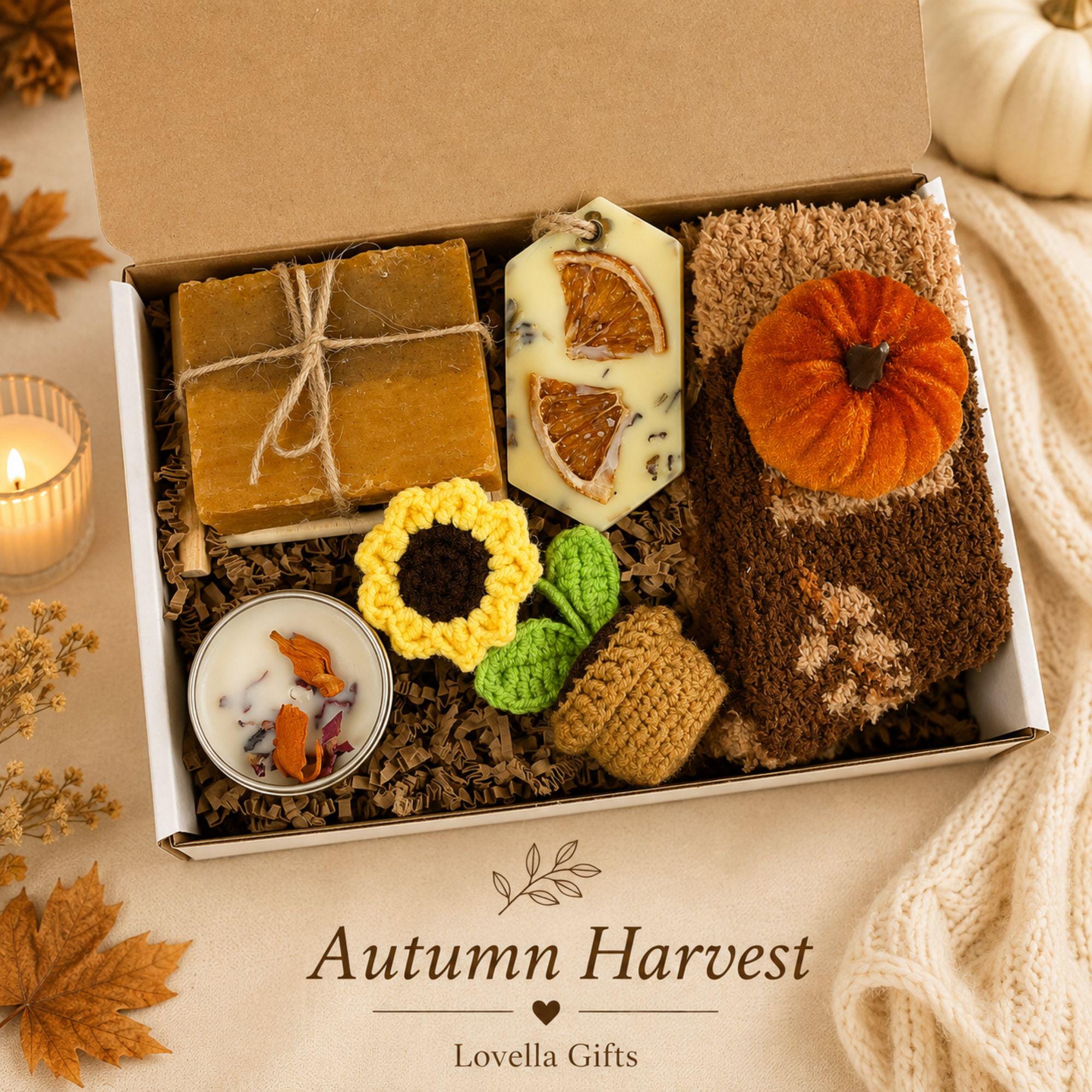 Golden Hearth fall gift box for her, a cozy autumn care package featuring pumpkin spice self care, soft fall accessories, sunflower crochet details, pumpkin accents and warm seasonal brown, orange and yellow tones. Beautiful fall gift basket for women, pumpkin spice lover gift, fall birthday gift for her, Thanksgiving hostess gift, thinking of you care package, self care gift, best friend gift, gift for Mom or cozy autumn surprise for a woman who loves fall.