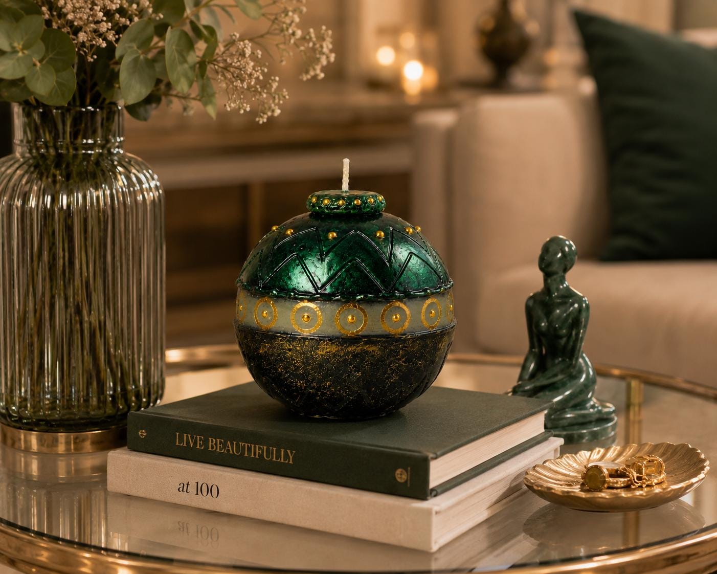 Luxury Green Decorative Candle emerald gold candle for unique home decor, elegant hostess gift, artistic candle styling, and housewarming gift. Product image 8.