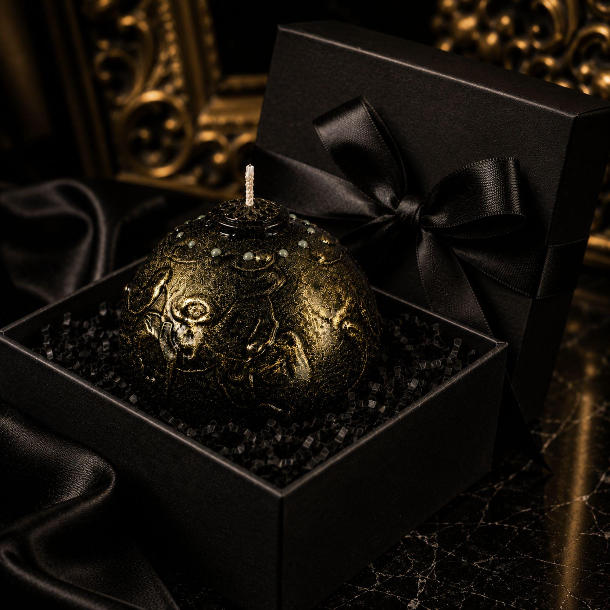 Gothic Luxury Candle black gold decorative candle for gothic home decor, sculptural sphere candle styling, and luxury housewarming gift. Product image 6.