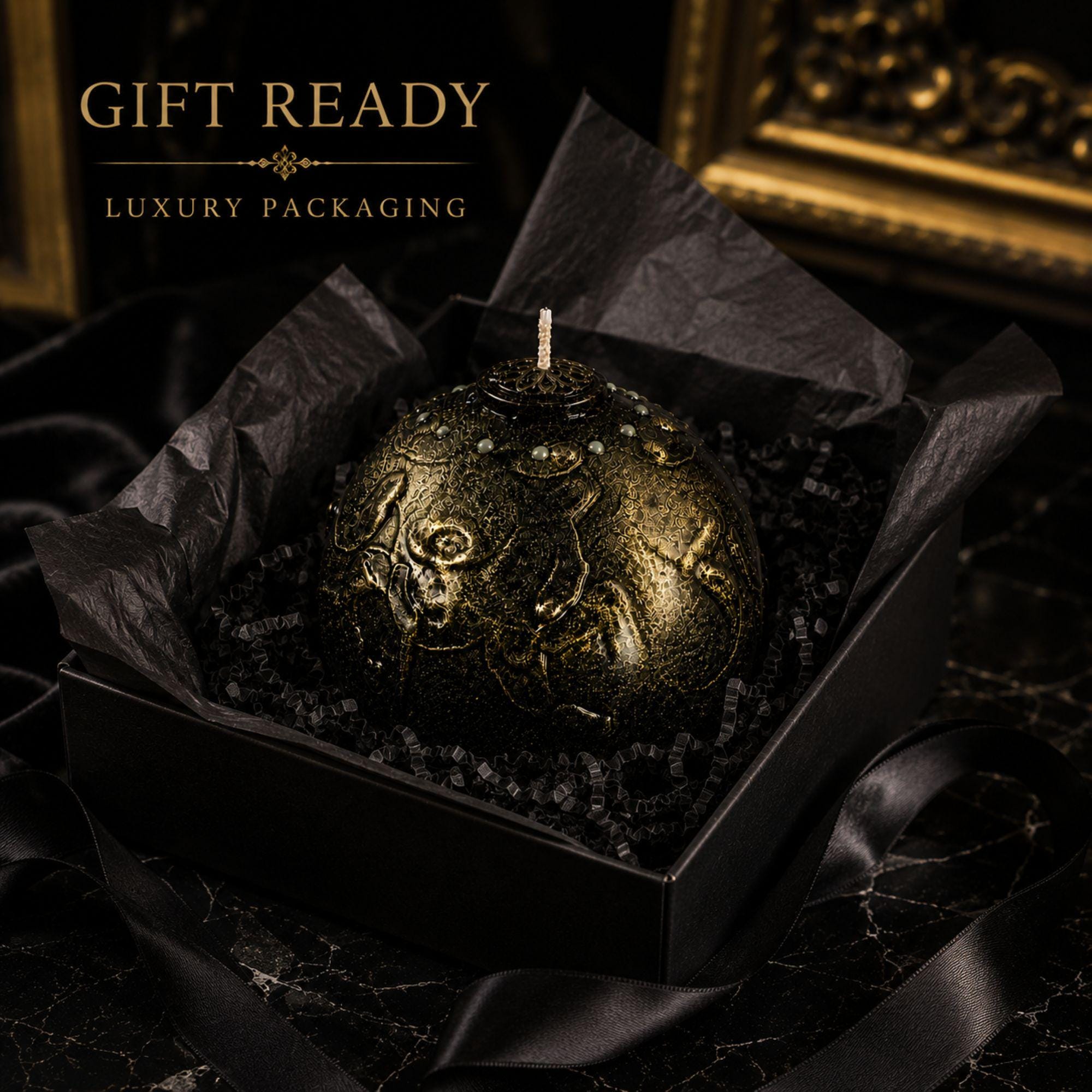 Gothic Luxury Candle black gold decorative candle for gothic home decor, sculptural sphere candle styling, and luxury housewarming gift. Product image 7.