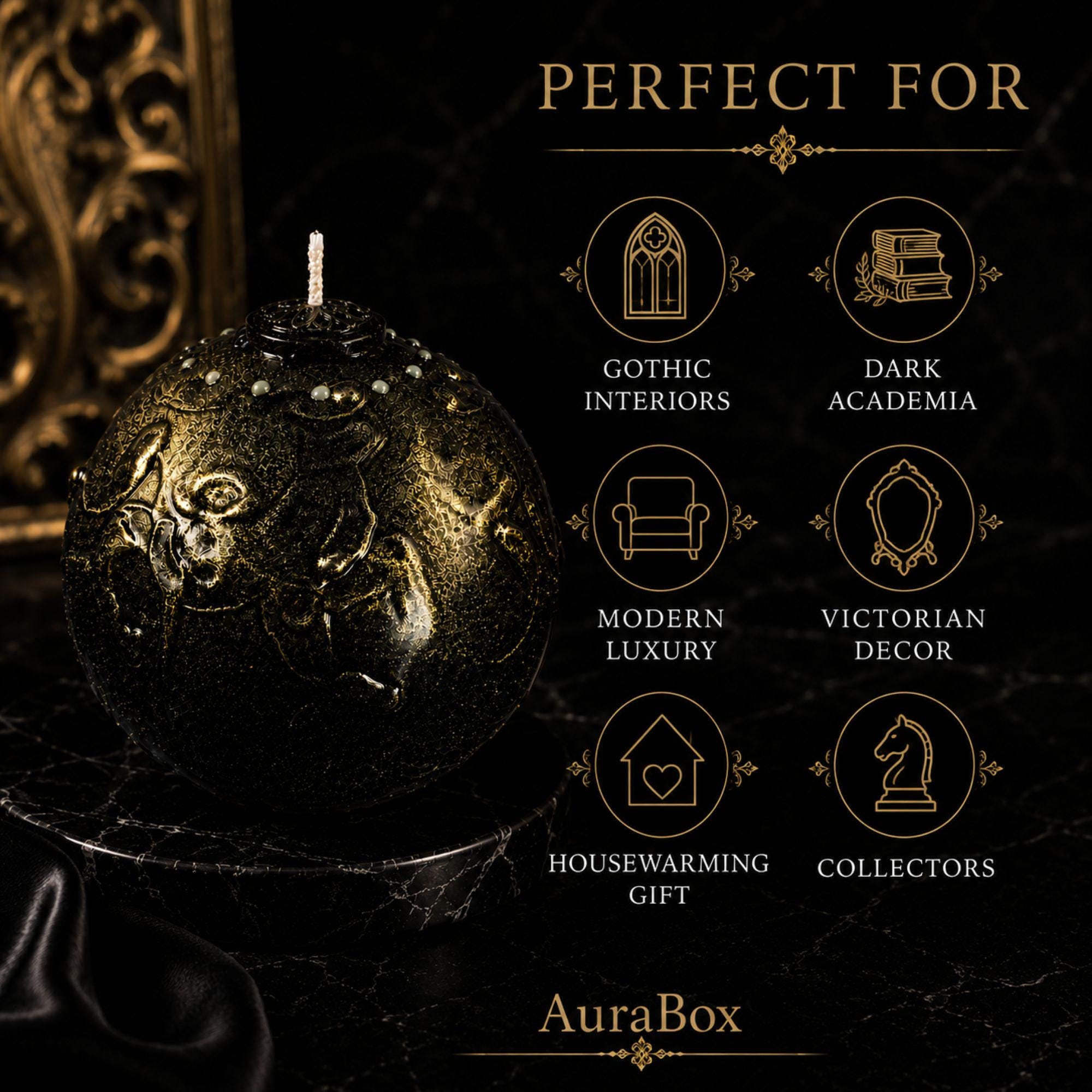 Gothic Luxury Candle black gold decorative candle for gothic home decor, sculptural sphere candle styling, and luxury housewarming gift. Product image 5.