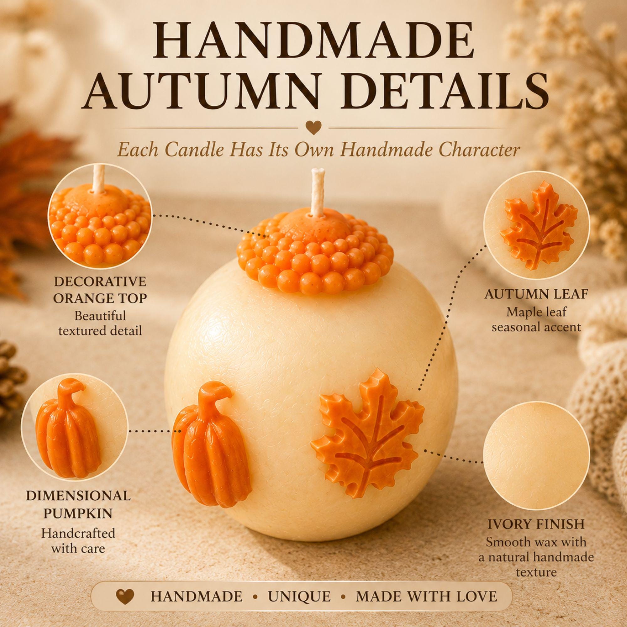 Handmade pumpkin candle set featuring ivory 3 inch sphere candles with dimensional orange pumpkins, maple leaves and autumn details, shown as a set of 2 and set of 3 in rustic kraft gift boxes. Decorative unscented fall candles for autumn home decor, Thanksgiving table decor, fall centerpiece, mantel decor, coffee table styling, farmhouse pumpkin decor, hostess gift, housewarming gift, Thanksgiving gift, fall birthday gift and unique gift for pumpkin lovers.