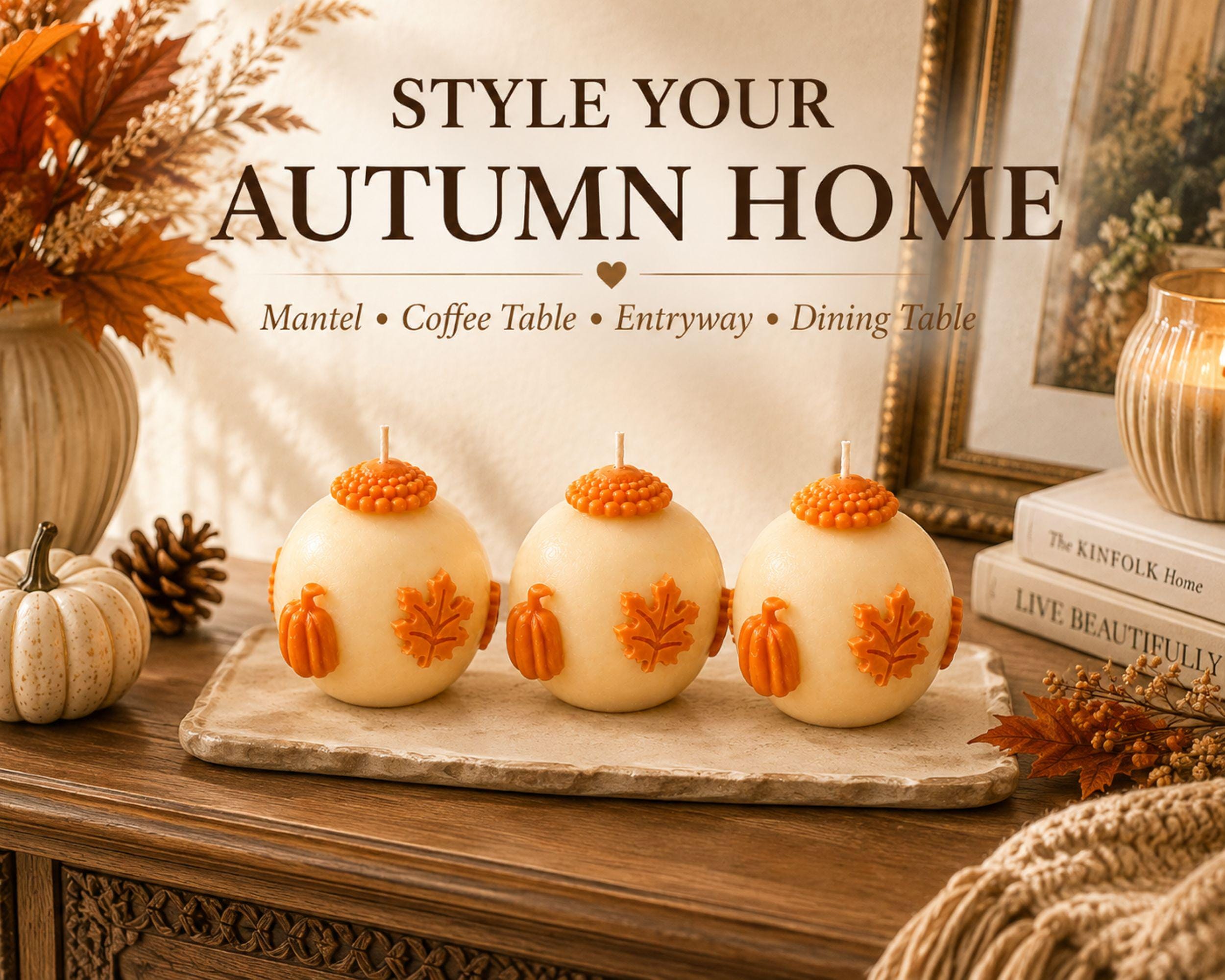 Handmade pumpkin candle set featuring ivory 3 inch sphere candles with dimensional orange pumpkins, maple leaves and autumn details, shown as a set of 2 and set of 3 in rustic kraft gift boxes. Decorative unscented fall candles for autumn home decor, Thanksgiving table decor, fall centerpiece, mantel decor, coffee table styling, farmhouse pumpkin decor, hostess gift, housewarming gift, Thanksgiving gift, fall birthday gift and unique gift for pumpkin lovers.