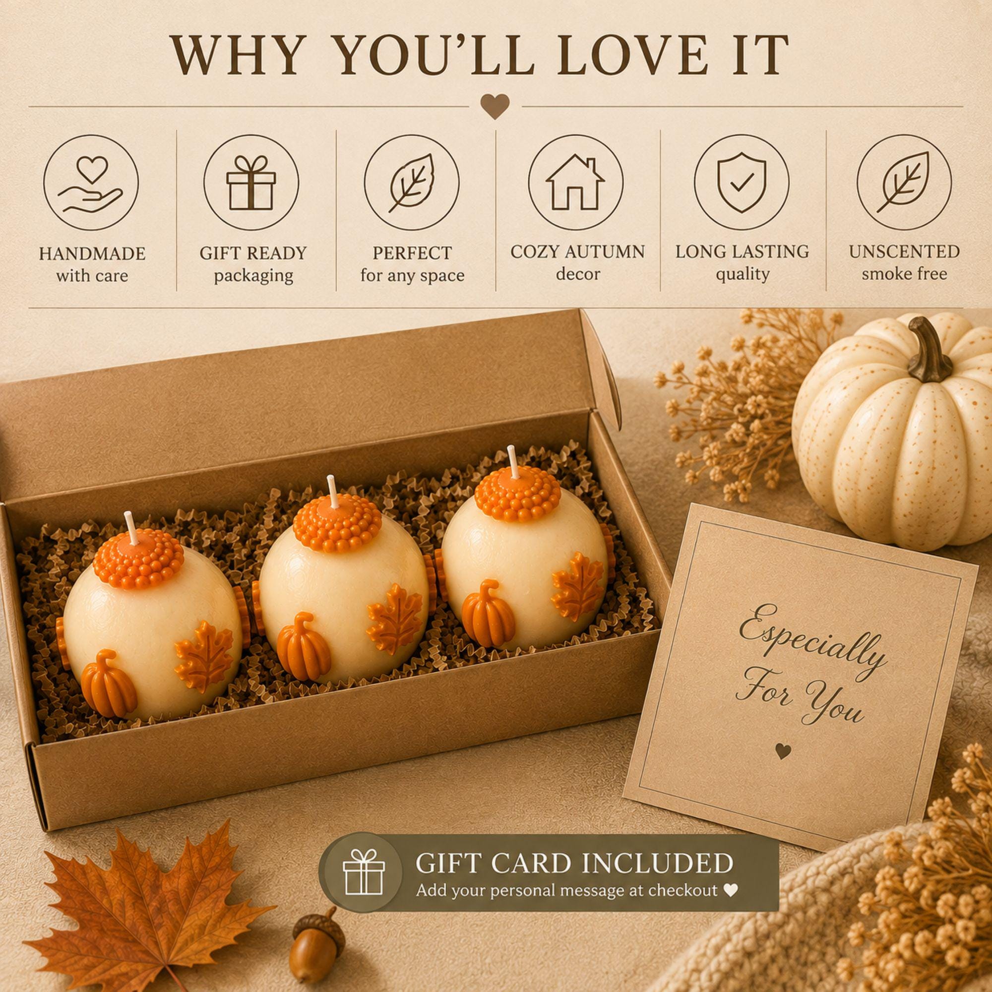 Handmade pumpkin candle set featuring ivory 3 inch sphere candles with dimensional orange pumpkins, maple leaves and autumn details, shown as a set of 2 and set of 3 in rustic kraft gift boxes. Decorative unscented fall candles for autumn home decor, Thanksgiving table decor, fall centerpiece, mantel decor, coffee table styling, farmhouse pumpkin decor, hostess gift, housewarming gift, Thanksgiving gift, fall birthday gift and unique gift for pumpkin lovers.
