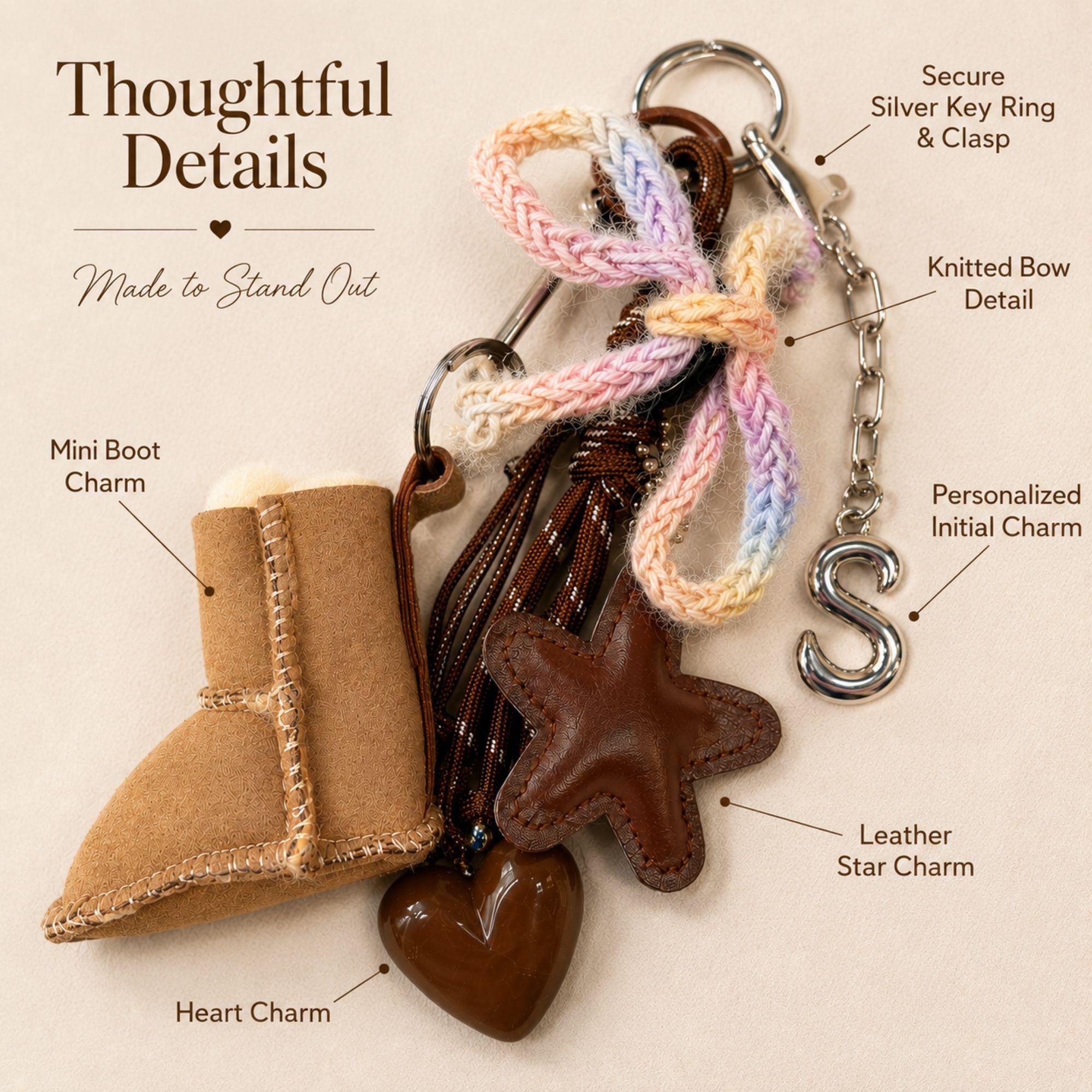 Personalized bag charm with silver initial letter, tan mini boot charm, brown leather star, glossy heart, pastel knitted bow, brown cord details and silver hardware. Cozy brown purse accessory and statement handbag charm designed for purses, totes and backpacks. Unique personalized initial keychain with layered neutral and pastel details, ideal as a cute bag accessory, backpack charm, personalized gift for her, best friend gift, sister gift or teen girl gift.