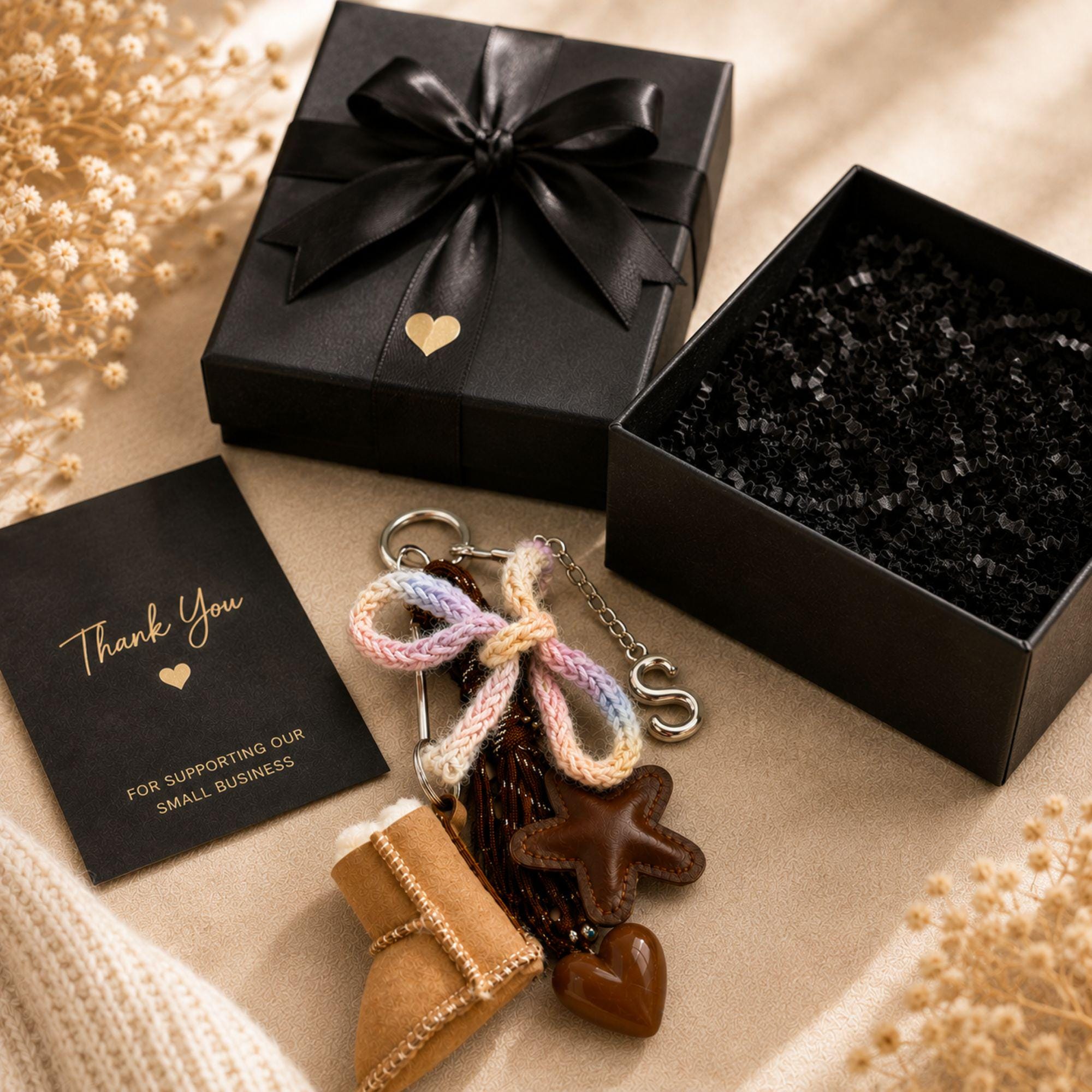 Personalized bag charm with silver initial letter, tan mini boot charm, brown leather star, glossy heart, pastel knitted bow, brown cord details and silver hardware. Cozy brown purse accessory and statement handbag charm designed for purses, totes and backpacks. Unique personalized initial keychain with layered neutral and pastel details, ideal as a cute bag accessory, backpack charm, personalized gift for her, best friend gift, sister gift or teen girl gift.