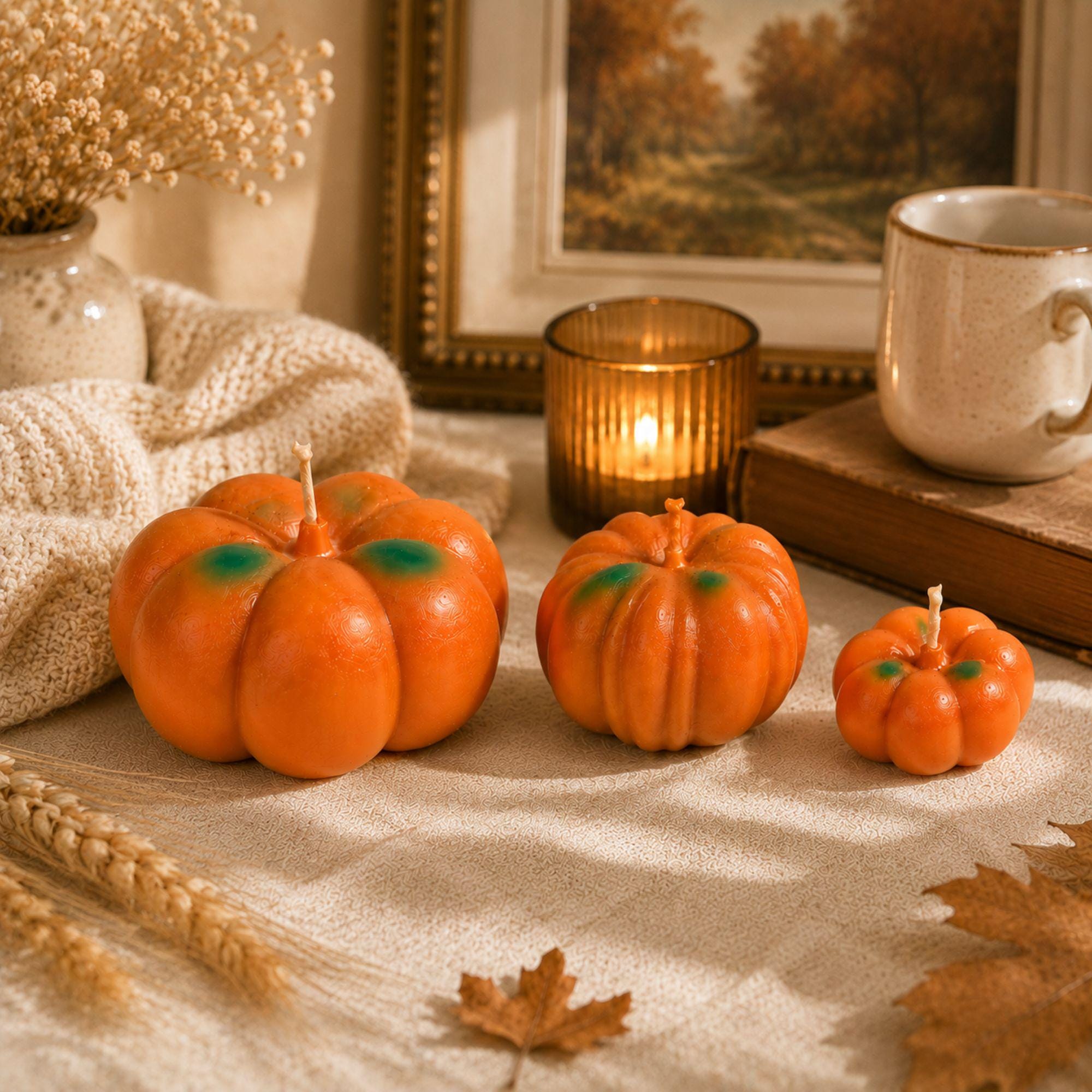 Handmade pumpkin candle trio styled in a warm autumn home display with soft golden lighting, fall foliage and cozy neutral textures. Three orange pumpkin shaped candles in large, medium and small sizes create an elegant seasonal accent for fall home decor, Thanksgiving decorating, mantel styling and autumn table displays. Pumpkin Pie scented candles offer a cozy decorative gift for fall and harvest season.
