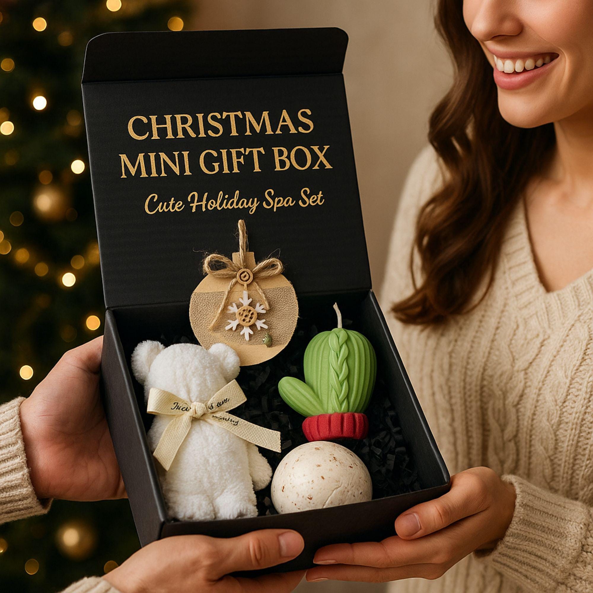 How to Choose the Perfect Self-Care Gift Box for Her - Christmas mini gift box with spa items like a bath bomb and plush in holiday setting.