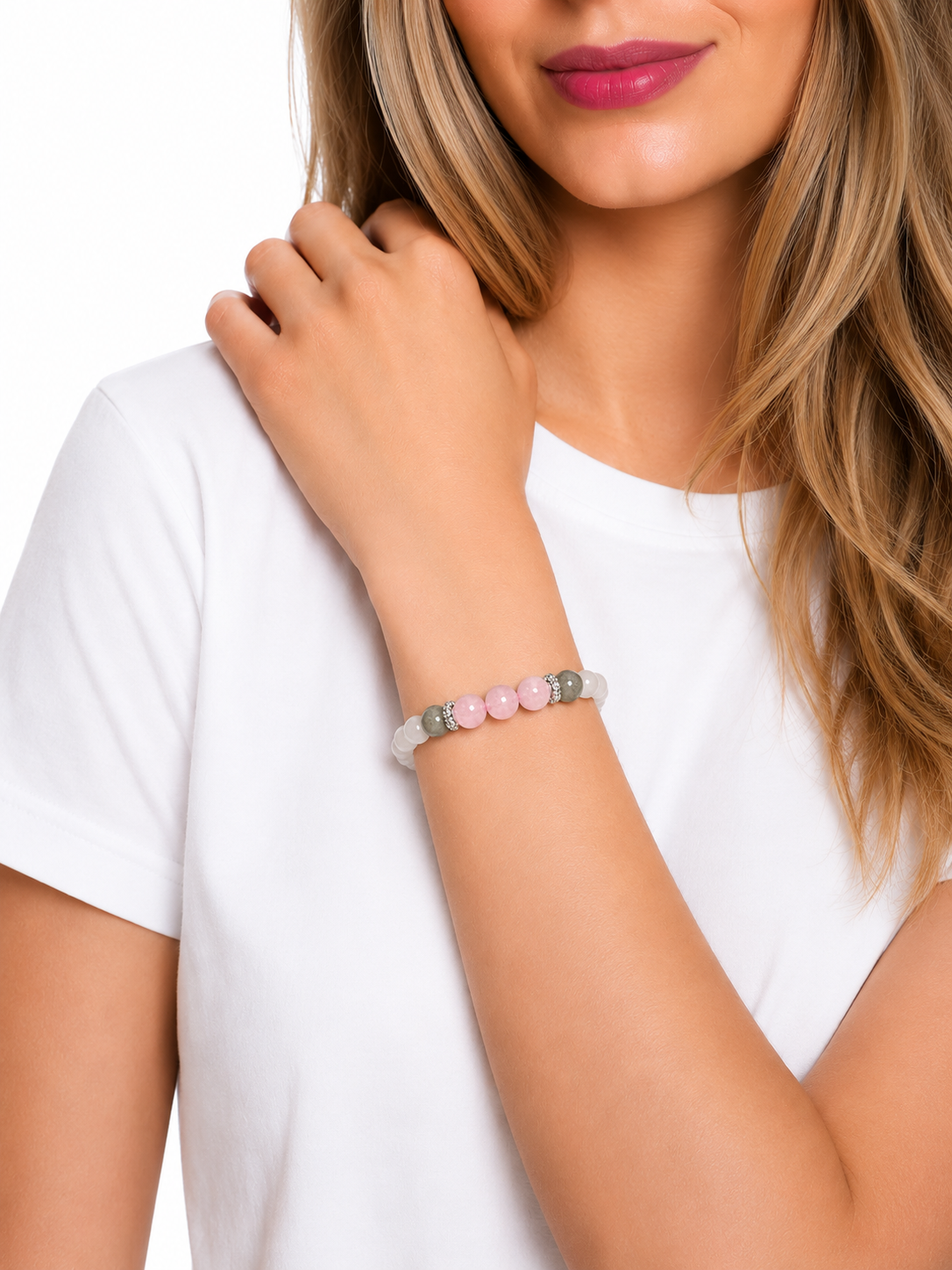 Labradorite Mother Daughter Bracelet Set: Moonstone, Rose Quartz, Boho Jewelry