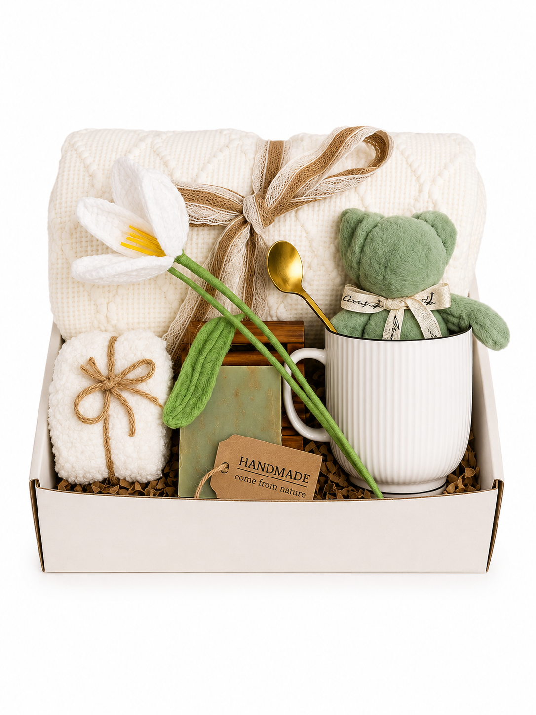 Christmas Cozy Spa Gift Box – Blanket Mug Crochet Bear Flower Soap